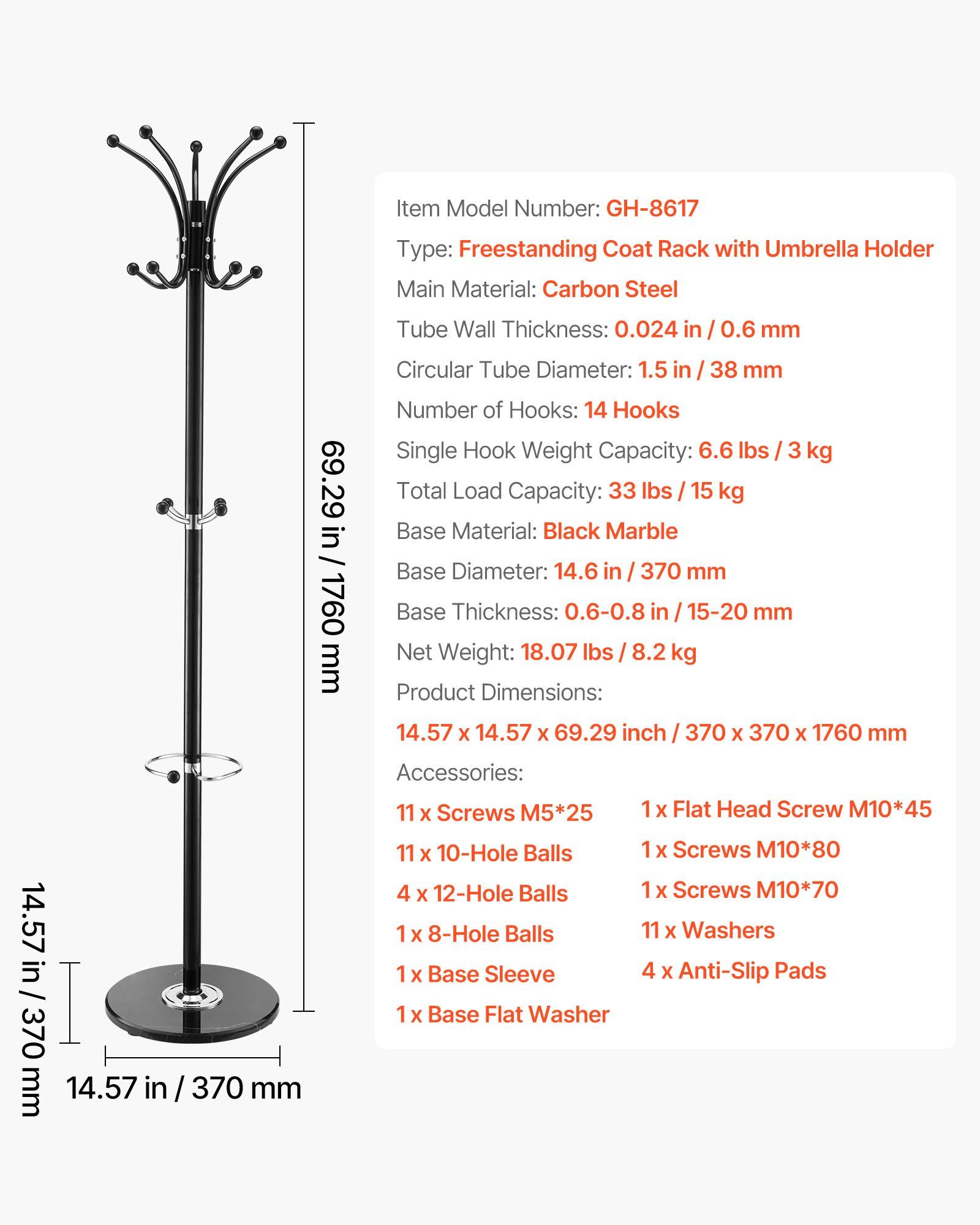 Freestanding Coat Rack, Metal Coats Rack Stand with Umbrella Holder, Stable Marble Base & 14 Hooks, Hall Coat Tree for Entryway, Bedroom, Living Room, Stylish Coats Hanger for Hats, Scarves, Bag - Image 7