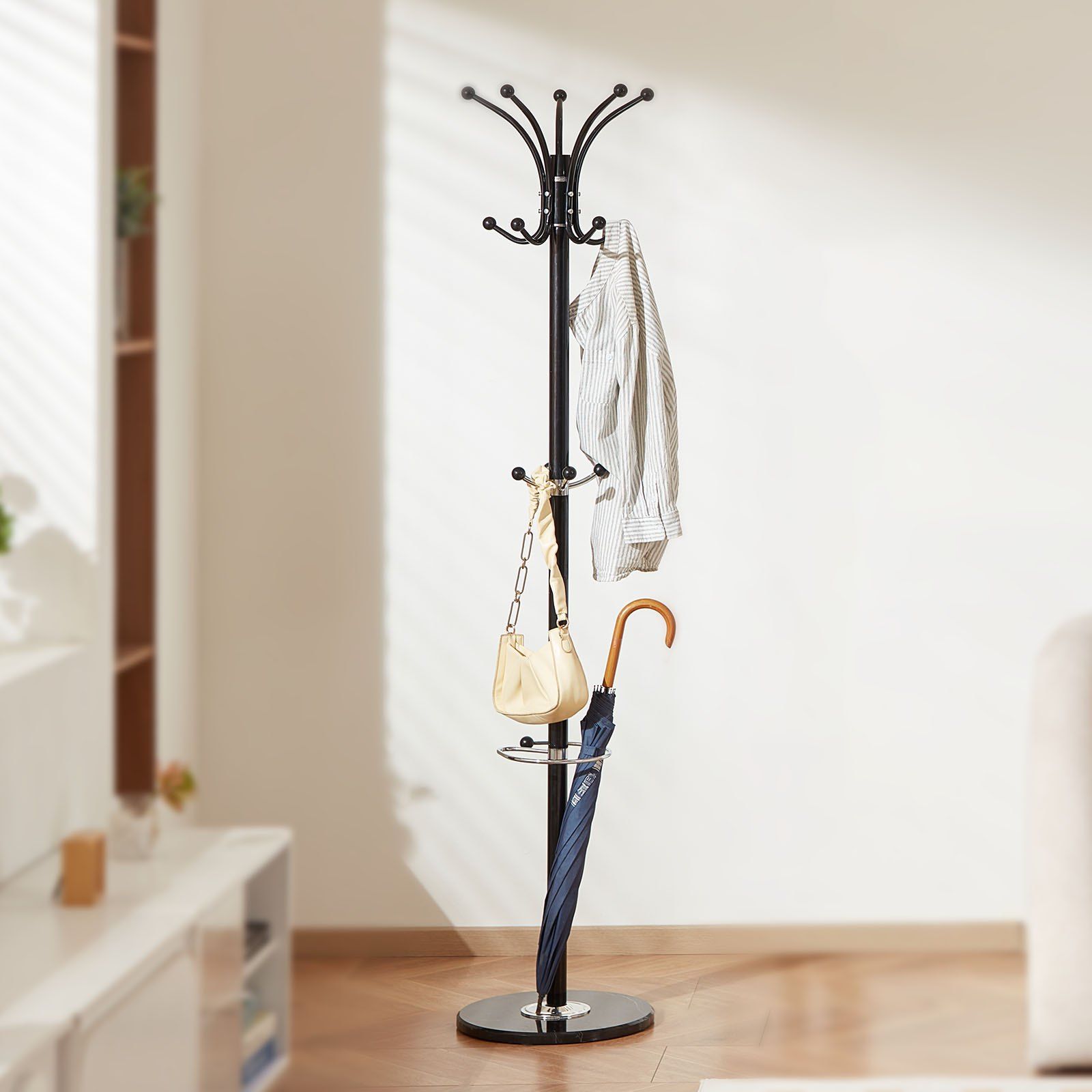 Freestanding Coat Rack, Metal Coats Rack Stand with Umbrella Holder, Stable Marble Base & 14 Hooks, Hall Coat Tree for Entryway, Bedroom, Living Room, Stylish Coats Hanger for Hats, Scarves, Bag - Image 8