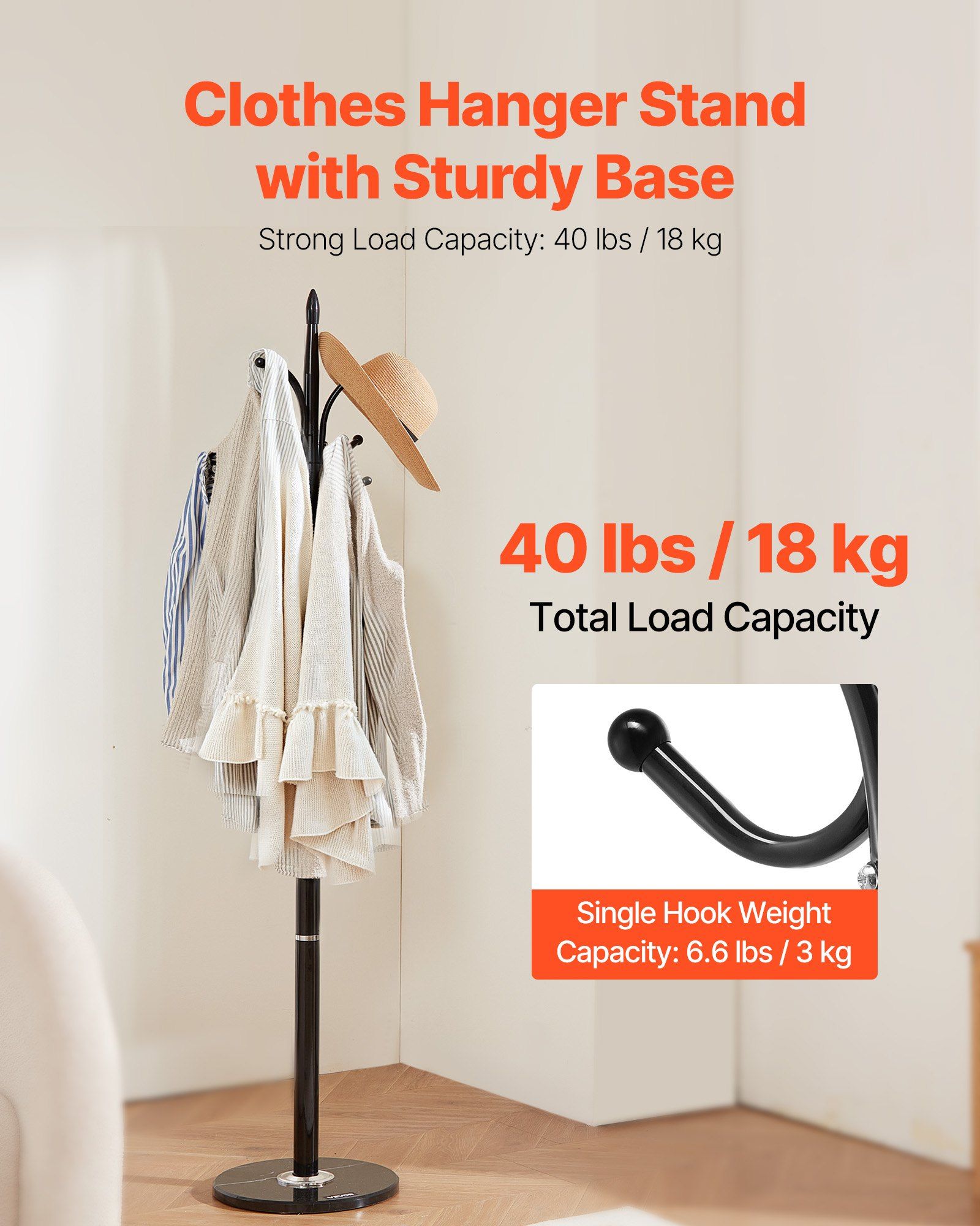 Coat Rack Freestanding, Coats Tree Stand with Stable Marble Base & 6 Hooks, Free Standing Hall Coat Rack for Entryway, Bedroom, Office, Living Room, Modern Clothes Hanger for Coats, Hats, Bags - Image 2