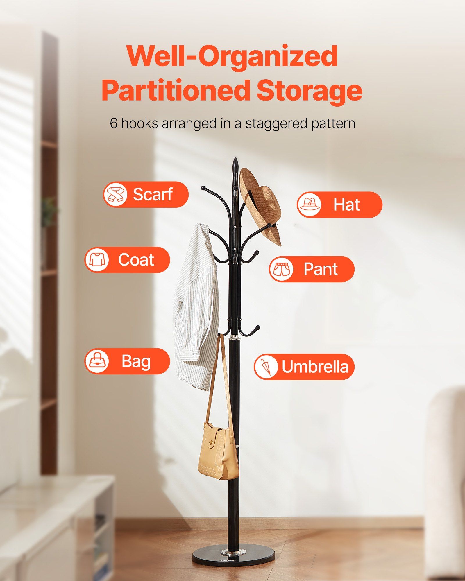 Coat Rack Freestanding, Coats Tree Stand with Stable Marble Base & 6 Hooks, Free Standing Hall Coat Rack for Entryway, Bedroom, Office, Living Room, Modern Clothes Hanger for Coats, Hats, Bags - Image 5