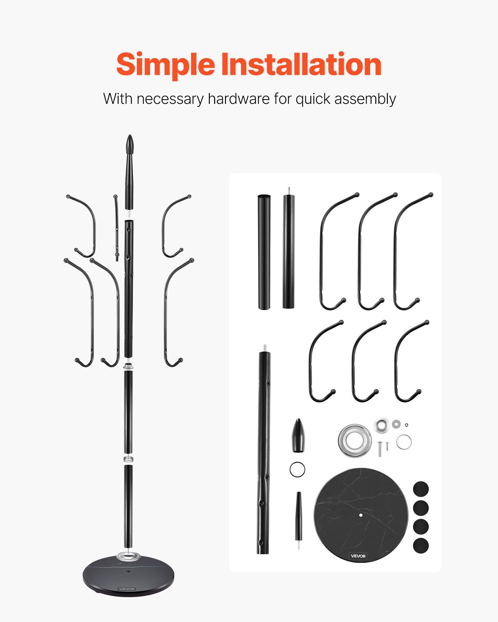 Coat Rack Freestanding, Coats Tree Stand with Stable Marble Base & 6 Hooks, Free Standing Hall Coat Rack for Entryway, Bedroom, Office, Living Room, Modern Clothes Hanger for Coats, Hats, Bags - Image 6