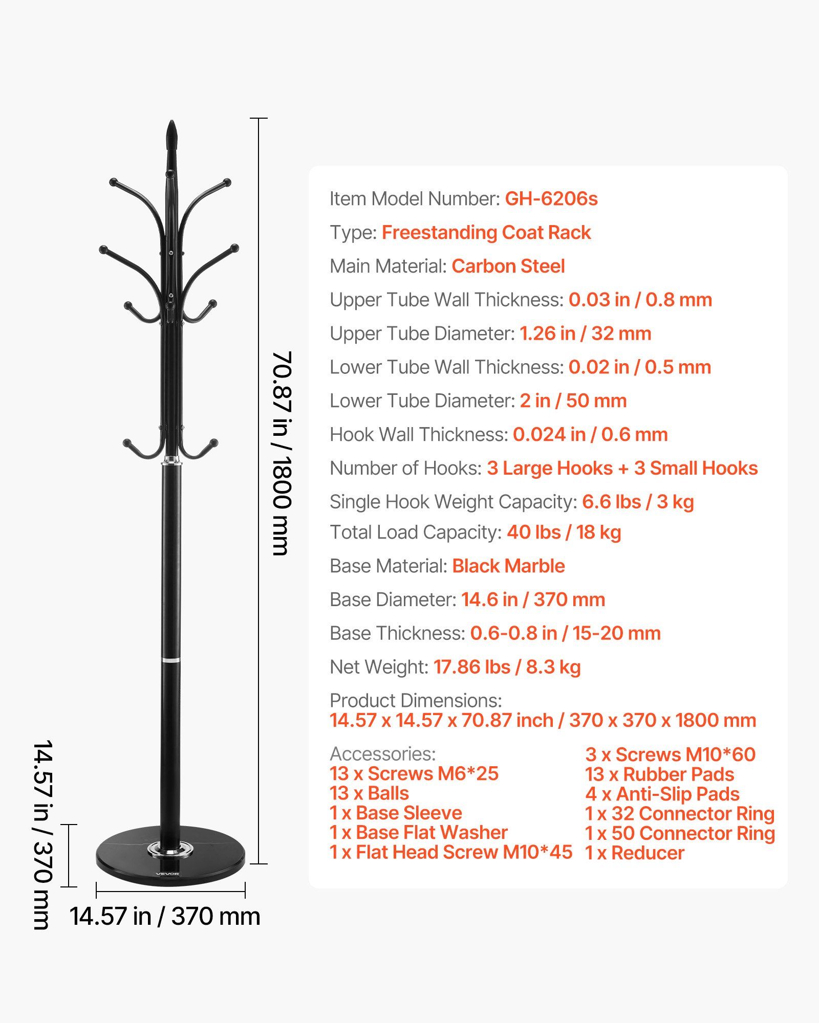 Coat Rack Freestanding, Coats Tree Stand with Stable Marble Base & 6 Hooks, Free Standing Hall Coat Rack for Entryway, Bedroom, Office, Living Room, Modern Clothes Hanger for Coats, Hats, Bags - Image 7