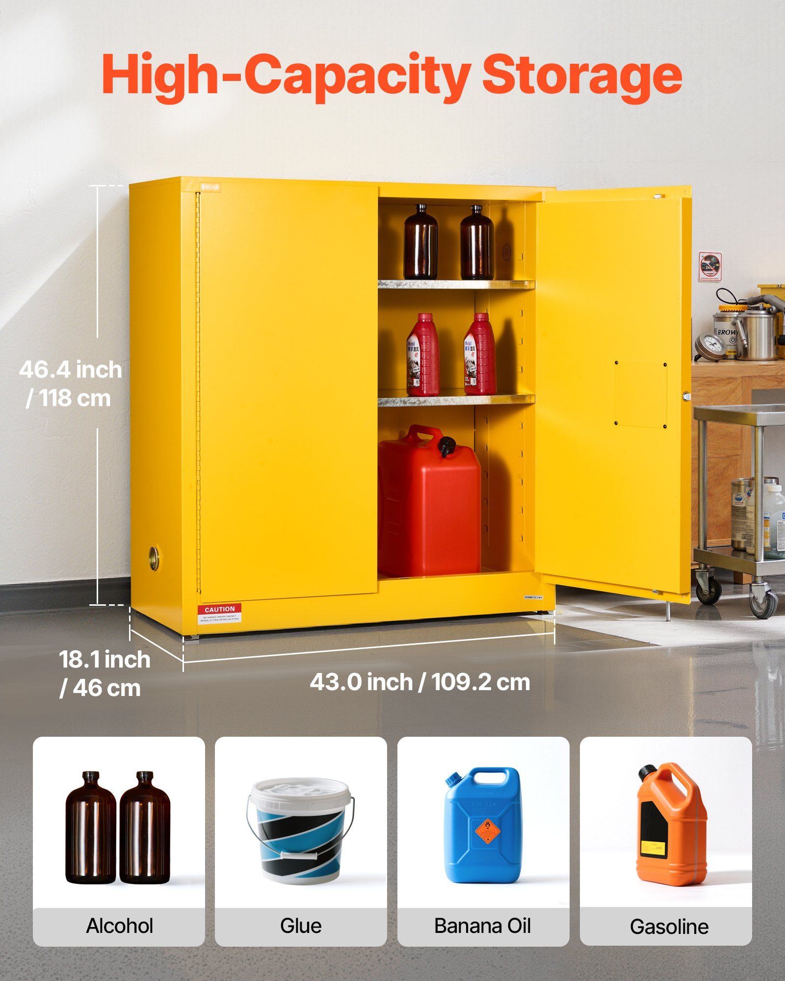 Flammable Cabinet, 109.2 x 46 x 118 cm, 29 Gallon Flammable Storage Cabinet with Adjustable Shelf, Cold-Rolled and Galvanized Steel Fire Cabinets, for Commercial Industrial and Home Use, Yellow - Image 3