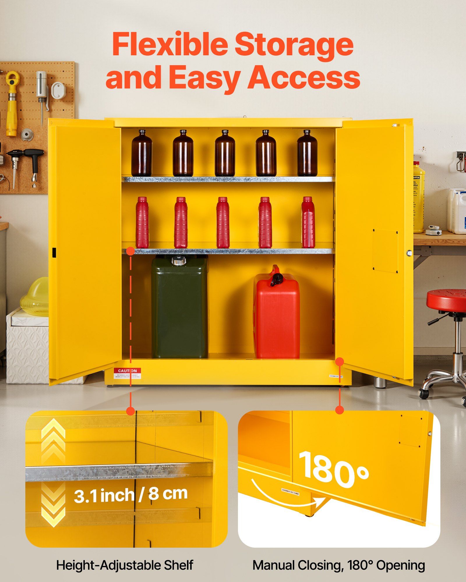 Flammable Cabinet, 109.2 x 46 x 118 cm, 29 Gallon Flammable Storage Cabinet with Adjustable Shelf, Cold-Rolled and Galvanized Steel Fire Cabinets, for Commercial Industrial and Home Use, Yellow - Image 6