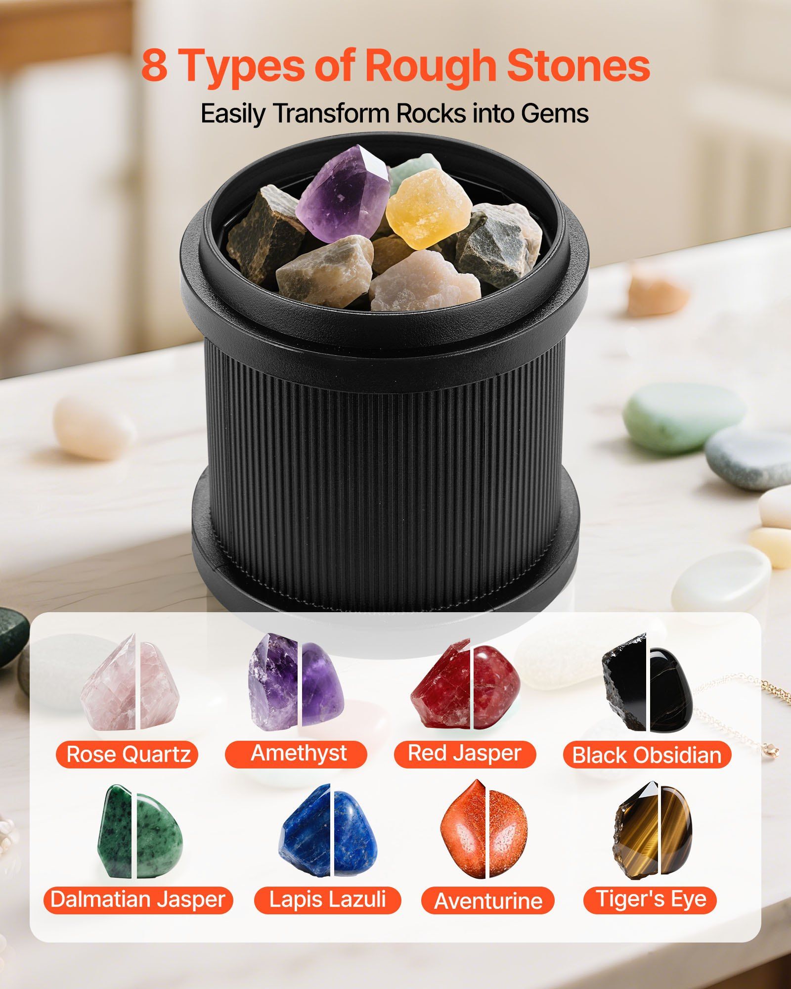 Rock Tumbler Kit, 2 lbs Rock Polishing Kit, 4 Speed Settings 9-Day Polishing Timer Stone Polishing Kit, Rock Polisher with Rough Gemstones and Polishing Grits, Rock Polisher for Adults Kids - Image 3