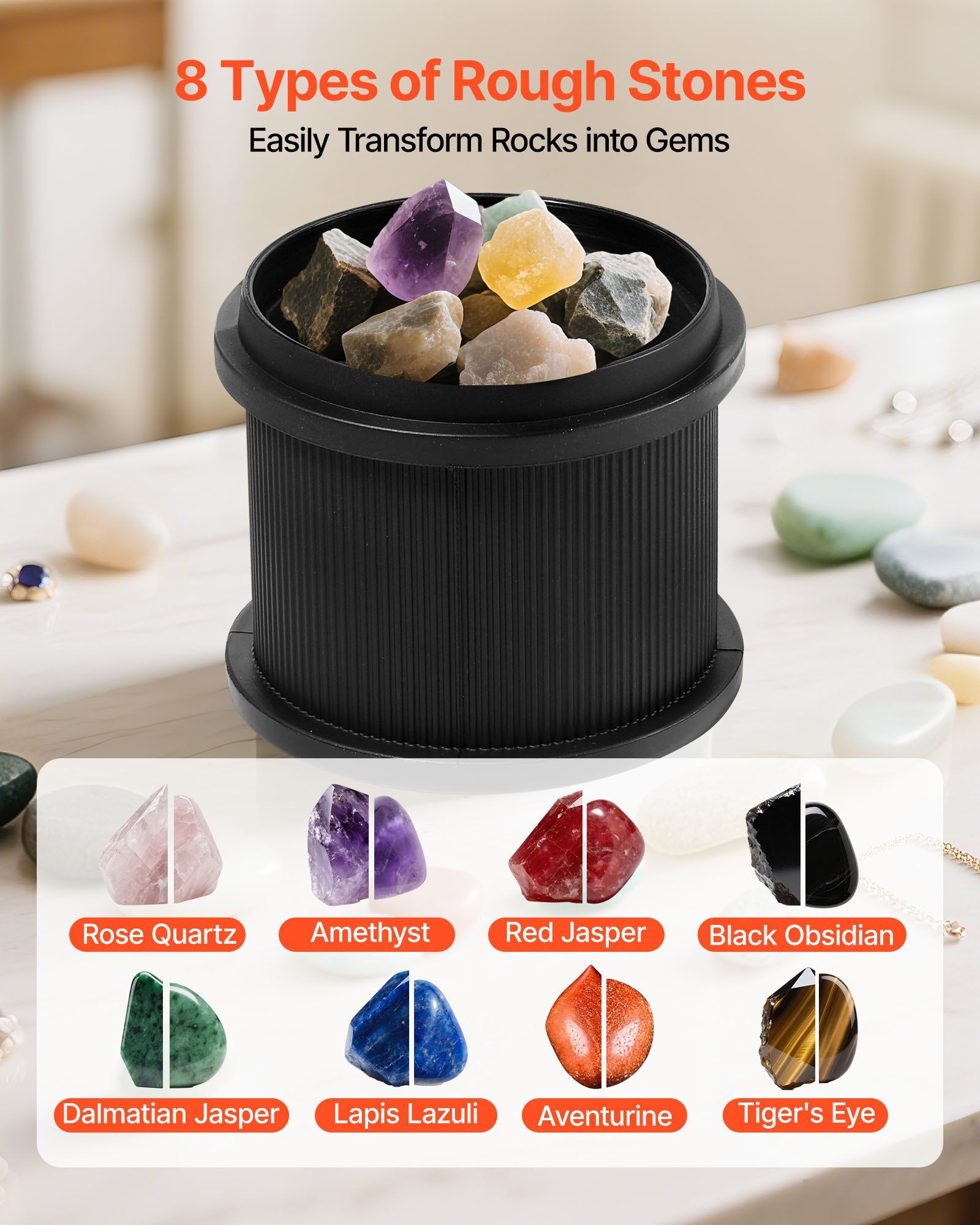 Rock Tumbler, 0.45kg Rock Polishing Machine, Rocks Tumbling Kit with 4-Speed Adjustment, 1–9 Day Timer, Direct Drive Motor Rocks Polishing Kit for Rose Quartz, Amethyst, Red Jasper, Lapis Lazuli - Image 3