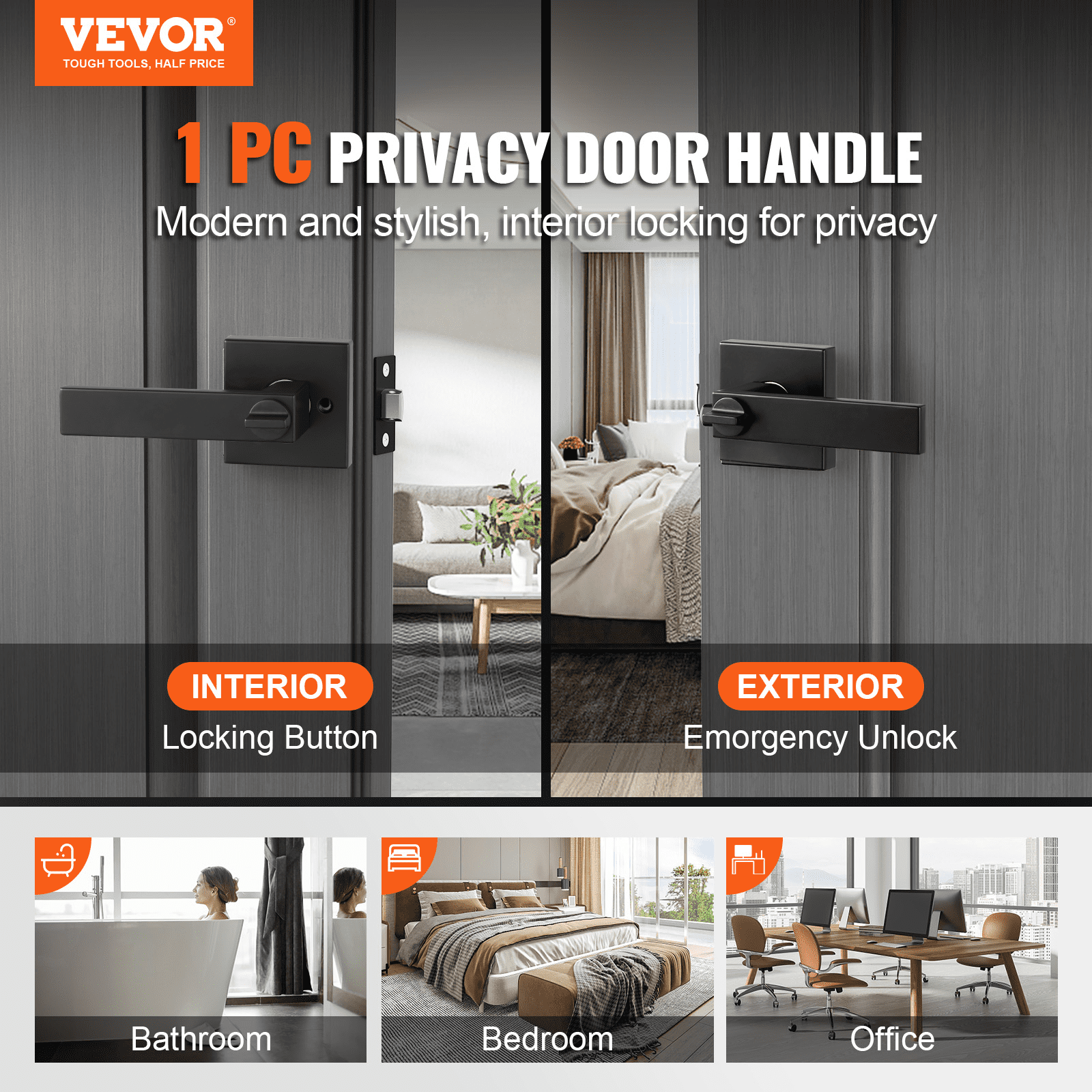 Privacy Door Handle, 10 Pack Matte Black Door Lever, Left or Right Handing Reversible Lever with Keyless Lock, 45° Rotation to Open, Universal Square Interior for Bedroom and Bathroom Doors - Image 2