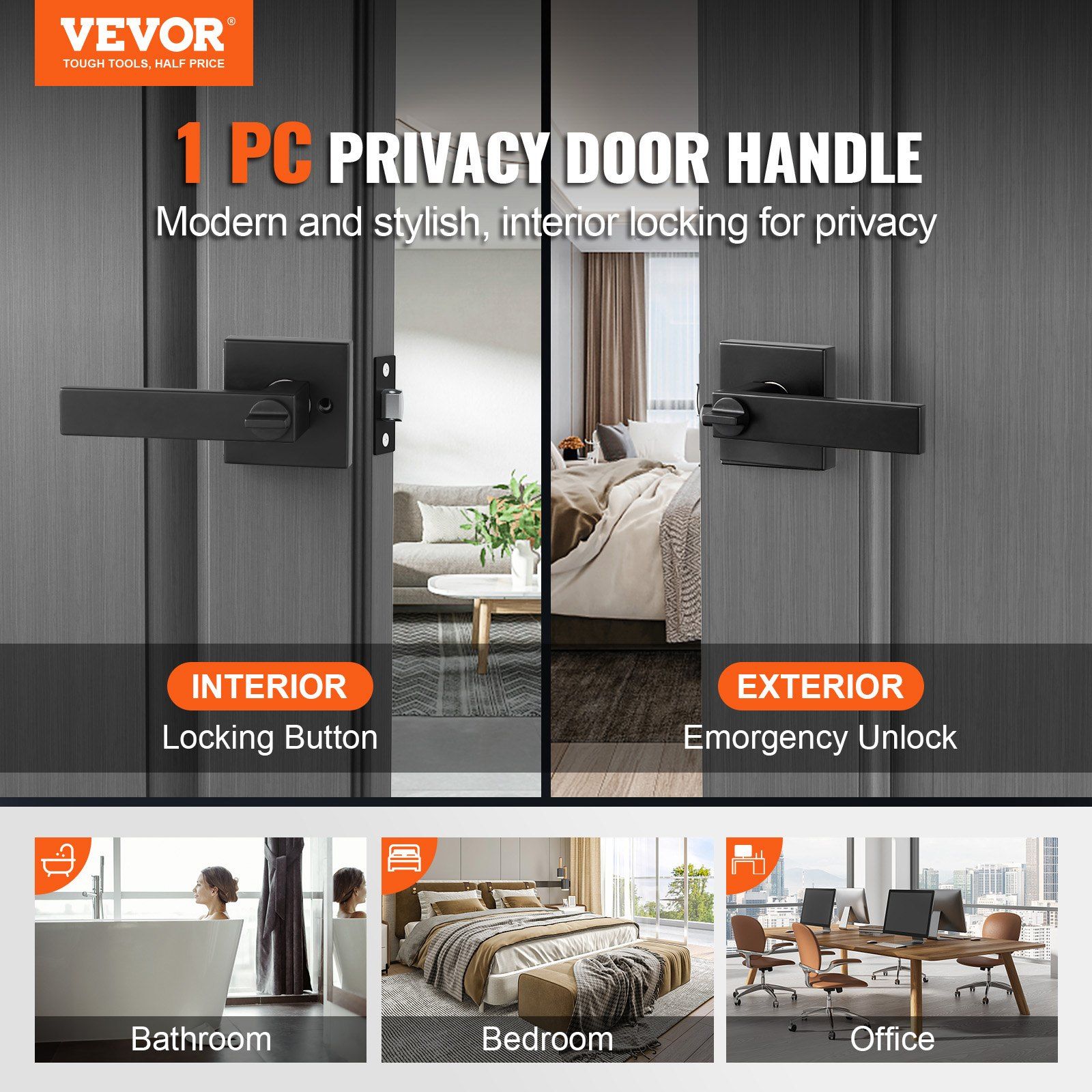Privacy Door Handle, 1 Pack Matte Black Door Lever, Left or Right Handing Reversible Lever with Keyless Lock, 45° Rotation to Open, Universal Square Interior for Bedroom and Bathroom Doors - Image 2