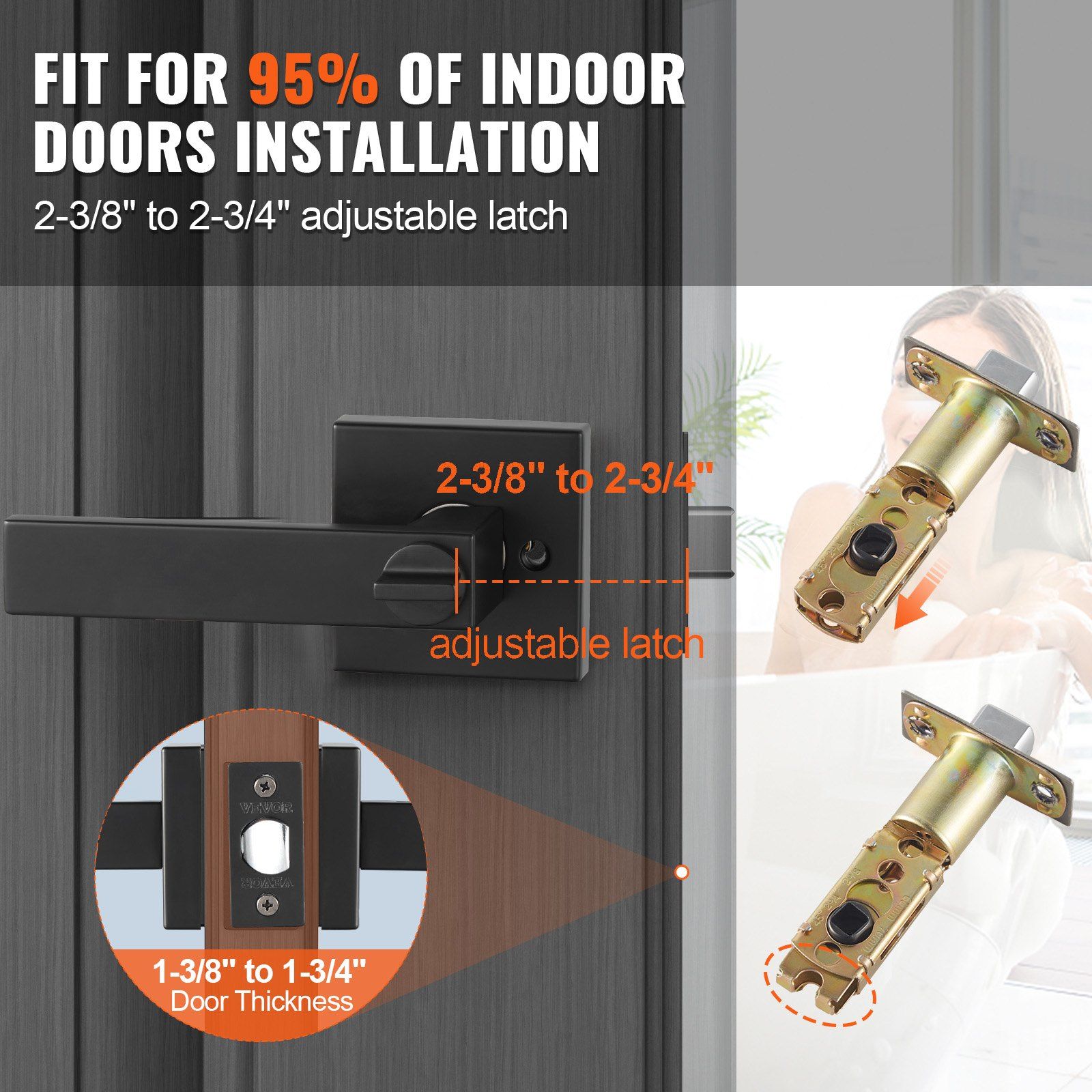 Privacy Door Handle, 1 Pack Matte Black Door Lever, Left or Right Handing Reversible Lever with Keyless Lock, 45° Rotation to Open, Universal Square Interior for Bedroom and Bathroom Doors - Image 3