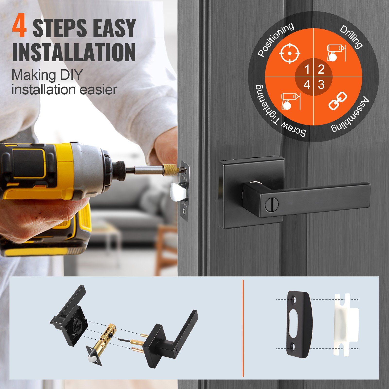 Privacy Door Handle, 1 Pack Matte Black Door Lever, Left or Right Handing Reversible Lever with Keyless Lock, 45° Rotation to Open, Universal Square Interior for Bedroom and Bathroom Doors - Image 4