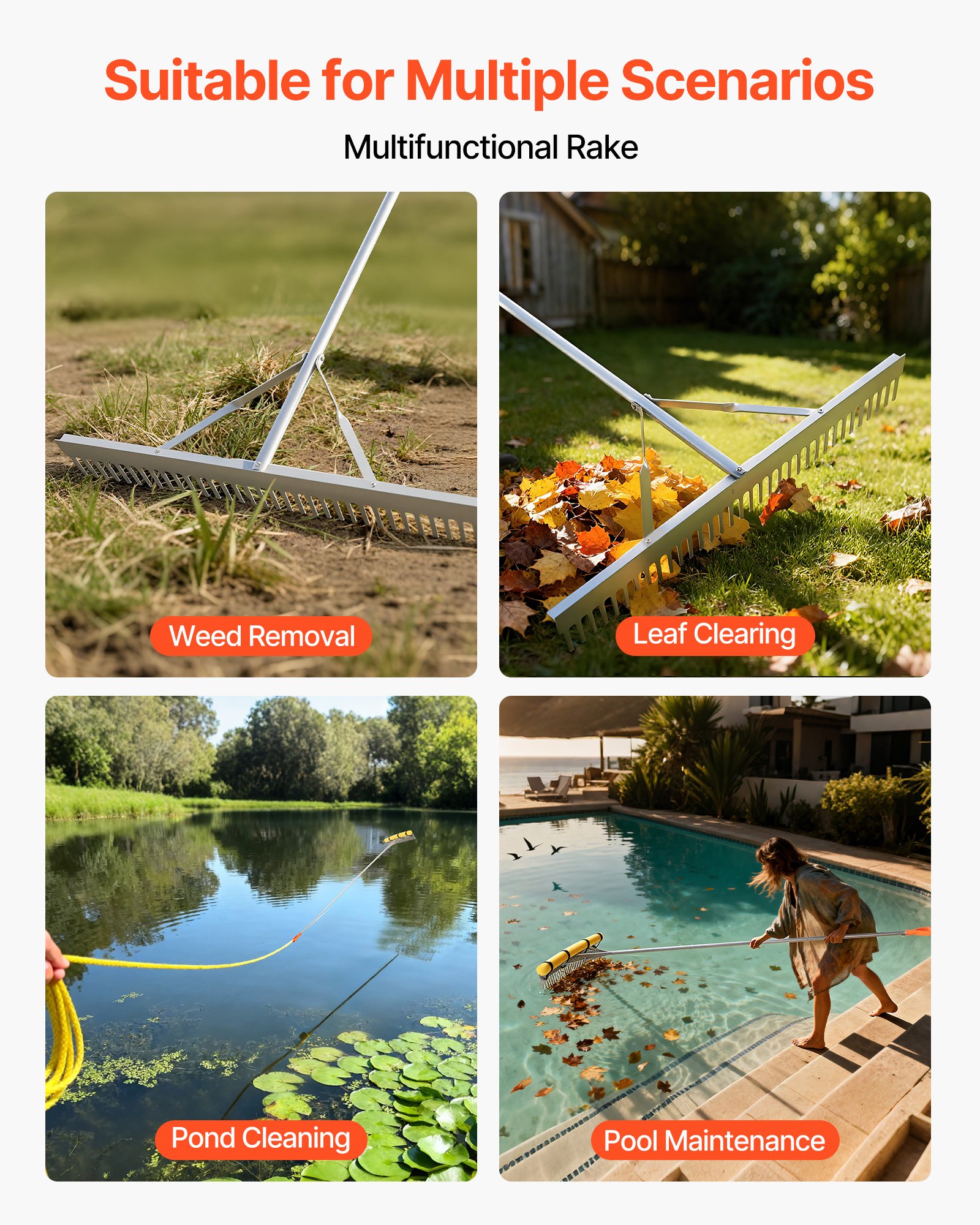 Landscape Rake, 914 mm Wide Head 2590 mm Handle, Large Heavy Duty Aluminum Landscaping Leaf Rake Tool, Asphalt Level for Loosening Soil, Garden & Yard, Pond Gravel & Beach Lawn Care, 15.8m Rope - Image 2
