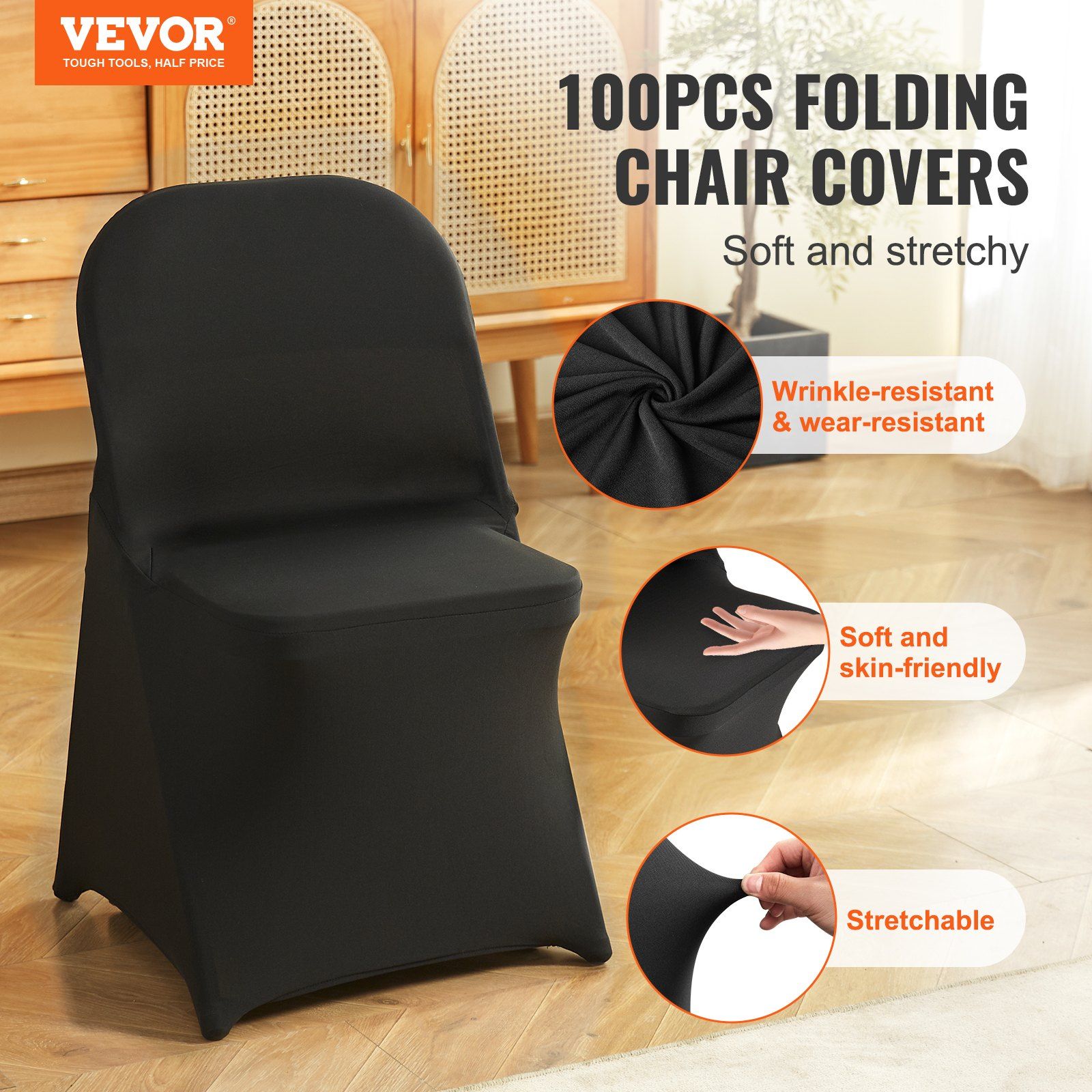 Stretch Spandex Folding Chair Covers, Universal Fitted Chair Cover, Removable Washable Protective Slipcovers, for Wedding, Holiday, Banquet, Party, Celebration, Dining (100PCS Black) - Image 2