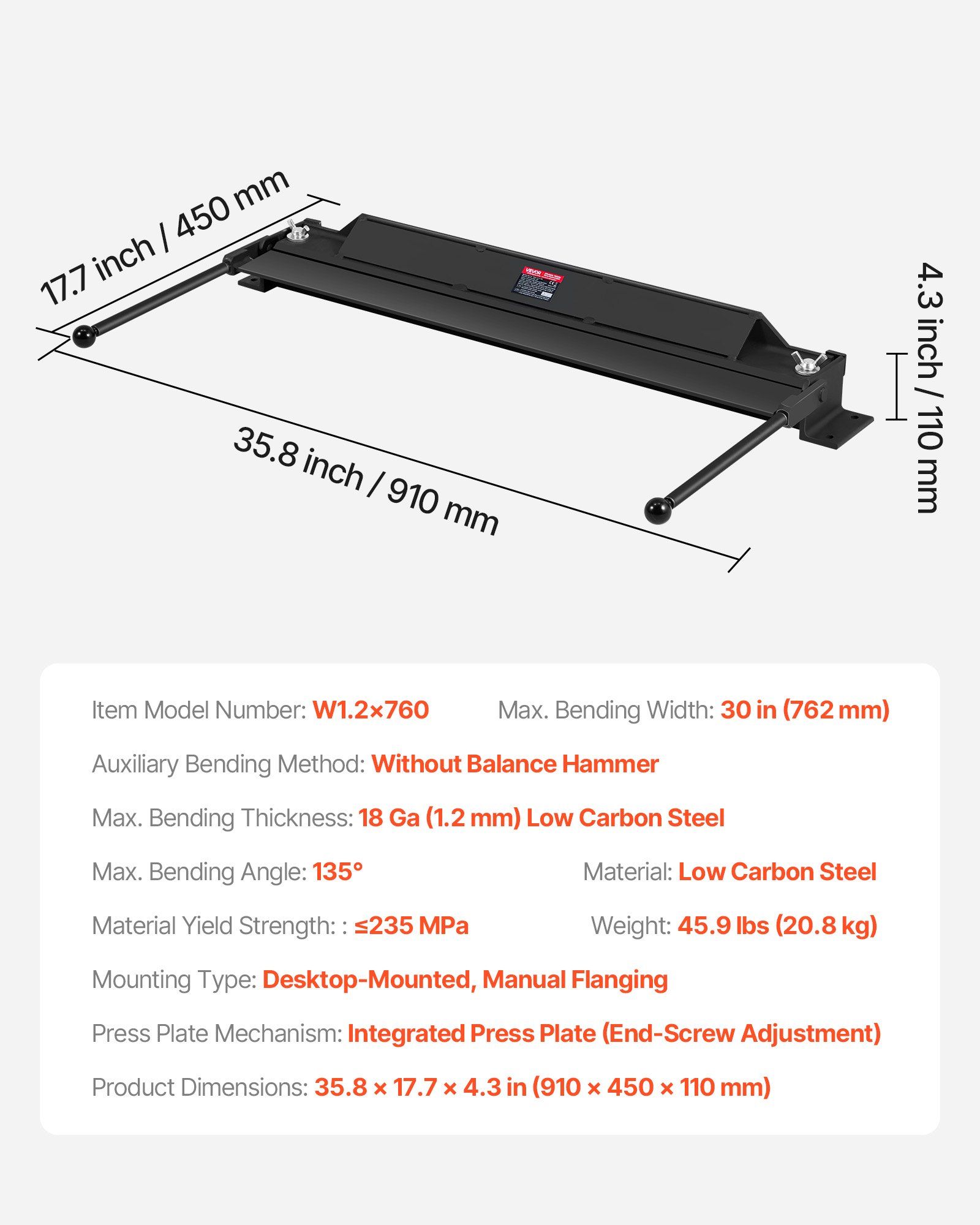 Box and Pan Brake, 762 mm Sheet Metal Bending Brake, 18-Gauge Capacity, 0-135 Degree Adjustable, Metal Bender Machine, No Wobbling, Heavy-Duty Aluminum Folder for Precise Batch Bending - Image 7