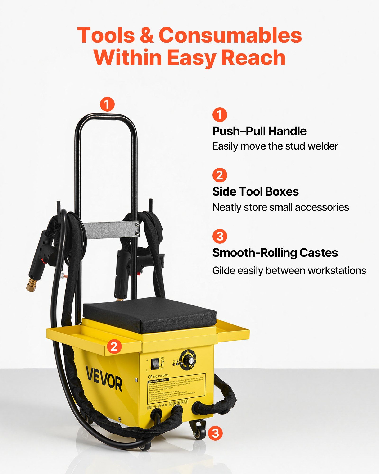 4.5KW Professional Stud Welder Dent Repair Kit with 2 Welding Guns & 6 Modes, All in One Dent Repair Workstation with Extended Handle, Padded Seat and Accessory Tray - Image 6