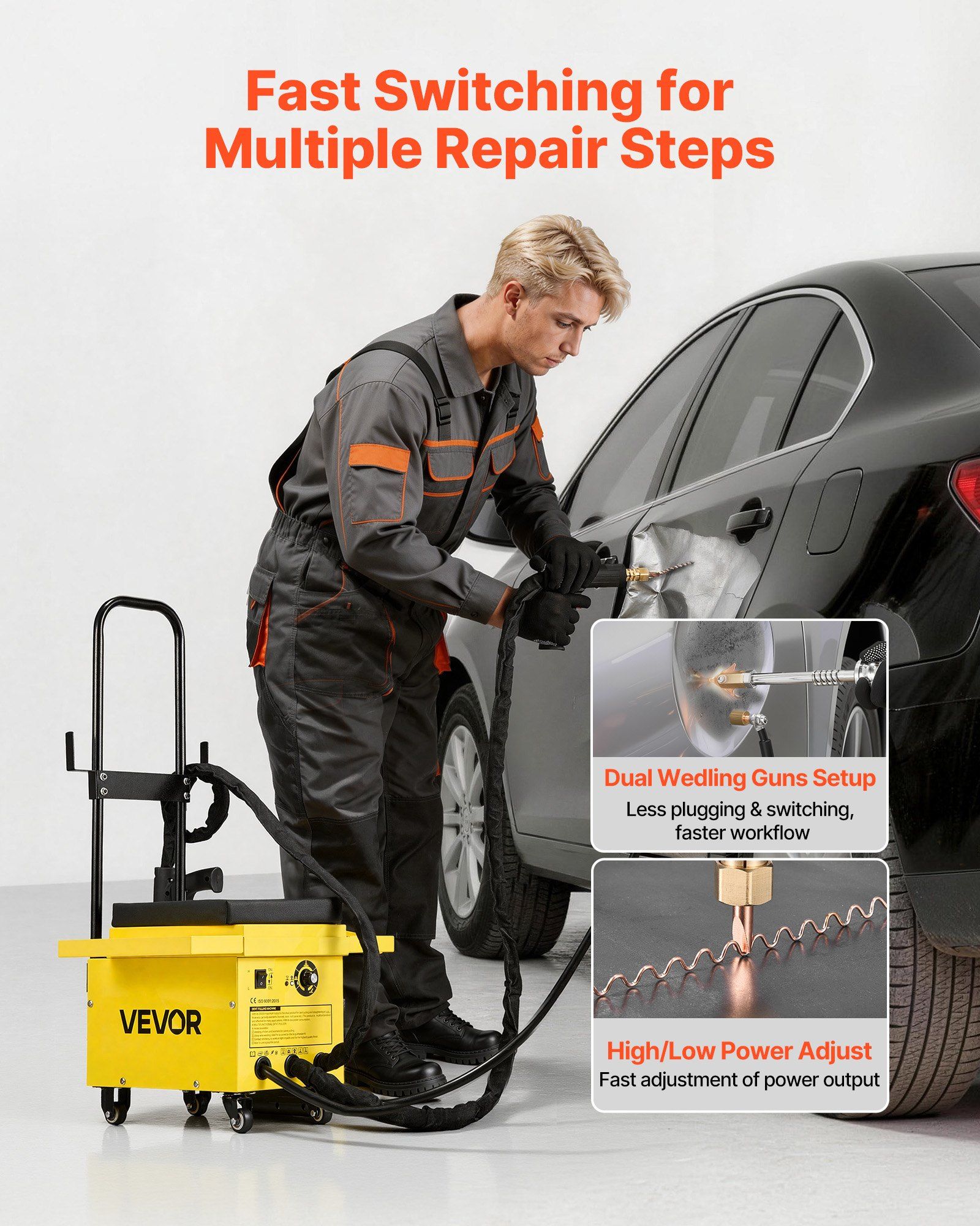 4.5KW Professional Stud Welder Dent Repair Kit with 2 Welding Guns & 6 Modes, All in One Dent Repair Workstation with Extended Handle, Padded Seat and Accessory Tray - Image 7