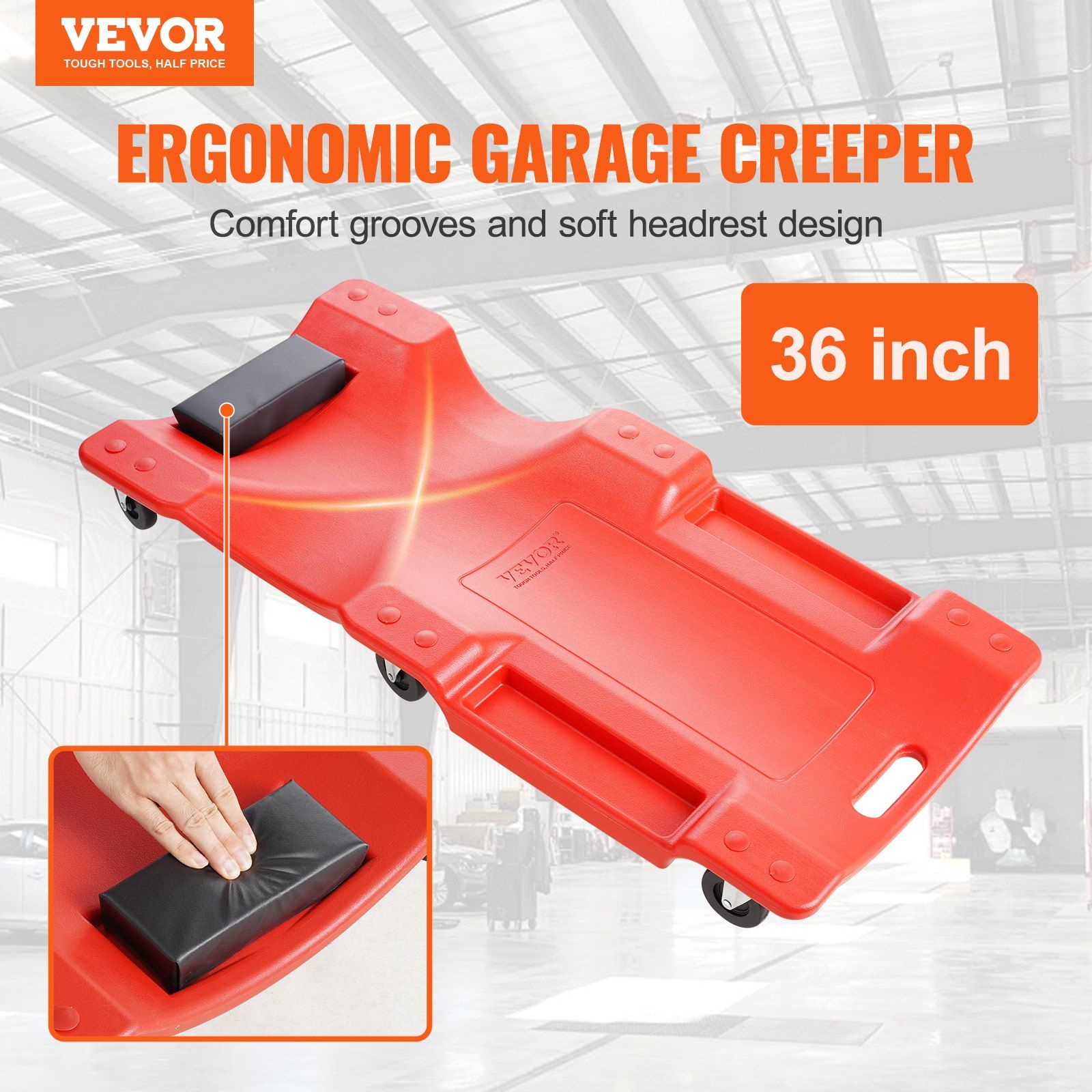 Mechanic Plastic Creeper, 914 mm, 158.8 kg Capacity Automotive Rolling Garage Creeper with Molded Ergonomic HDPE Body Padded Headrest & Dual Tool Trays 6 Wheels, for Garage Shop Auto Repair - Image 2