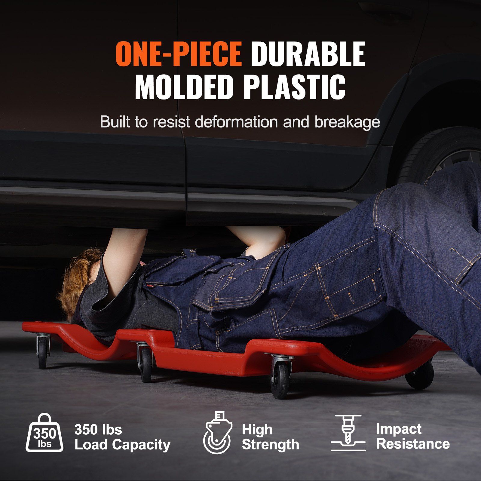 Mechanic Plastic Creeper, 914 mm, 158.8 kg Capacity Automotive Rolling Garage Creeper with Molded Ergonomic HDPE Body Padded Headrest & Dual Tool Trays 6 Wheels, for Garage Shop Auto Repair - Image 3