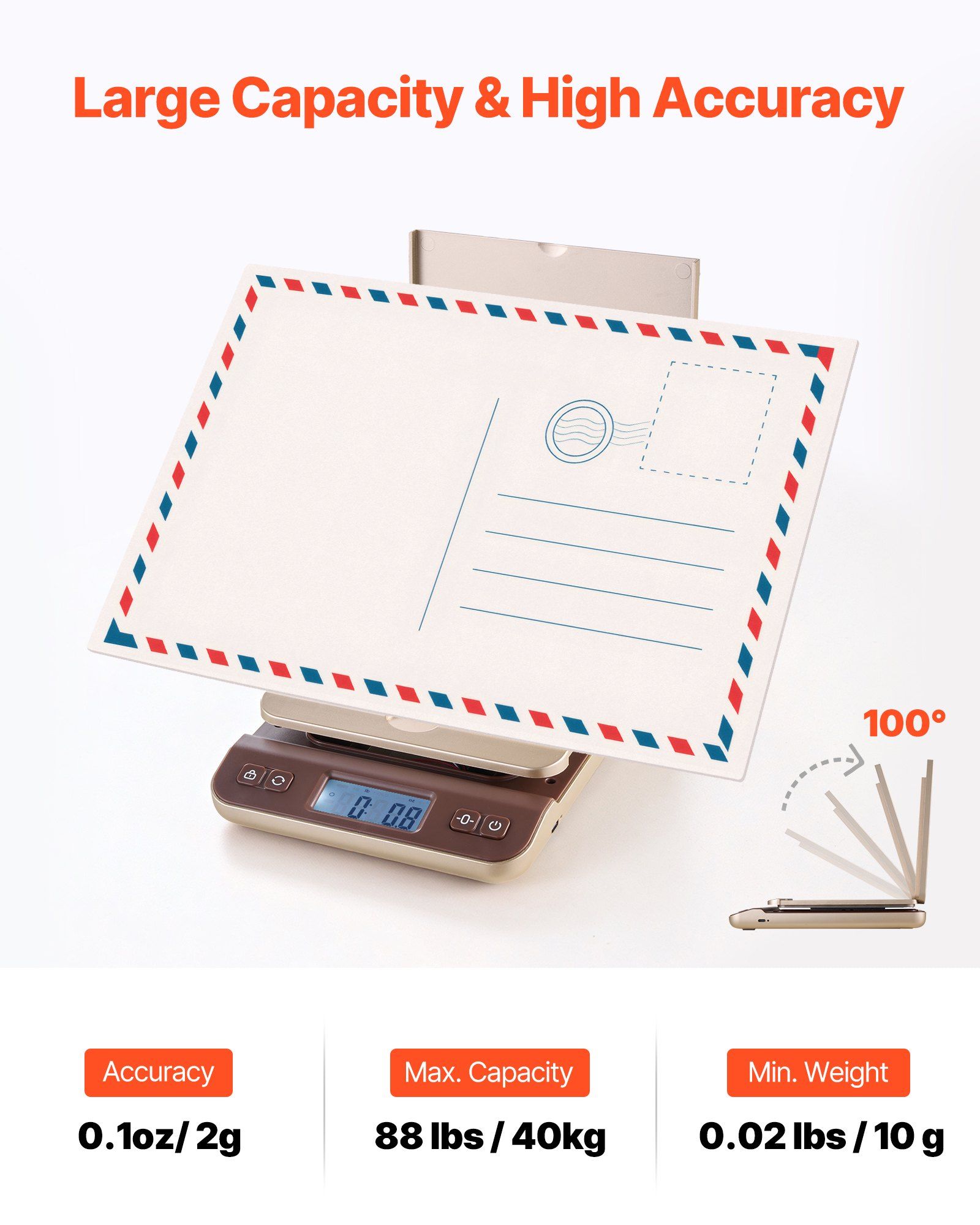 Digital Shipping Postal Scale, 2 g High Accuracy, 40 kg Postal Scale with Hold/Tare/Auto-off Function, Flip Holder Design & Easy Calibration, Fit for Home and Office Use, Battery Included - Image 2