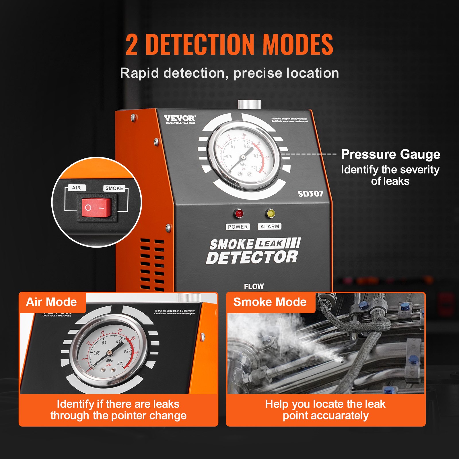 Automotive Smoke Machine Leak Detector, EVAP Vacuum Fuel Leak Tester with Built-in Air Pump, Pressure Gauge & Flow Meter, 2-Mode Vacuum Pipe Fuel Diagnostic Detector for 12V Cars Trucks Boats - Image 4