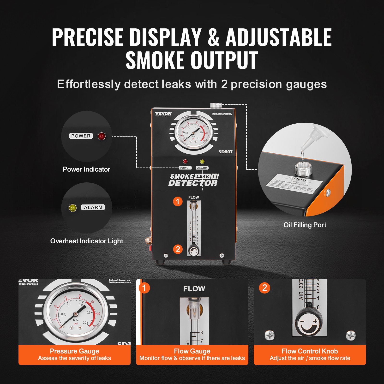 Automotive Smoke Machine Leak Detector, EVAP Vacuum Fuel Leak Tester with Built-in Air Pump, Pressure Gauge & Flow Meter, 2-Mode Vacuum Pipe Fuel Diagnostic Detector for 12V Cars Trucks Boats - Image 5