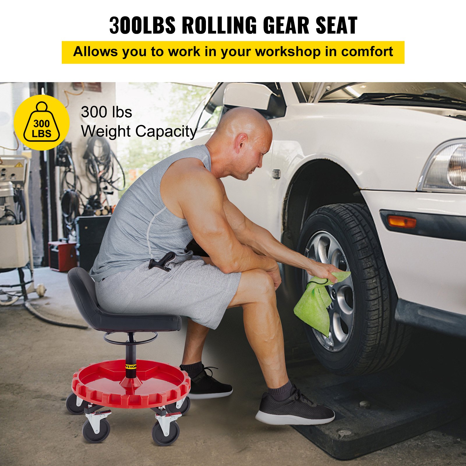 Shop Stool, 135 kg Rolling Garage Stool, 56 cm to 66 cm Adjustable Height Mobile Rolling Gear Seat, Round Tray Garage Pneumatic Stool, All-Terrain 12.7 cm Casters with Two Brakes Mechanic Seat - Image 2