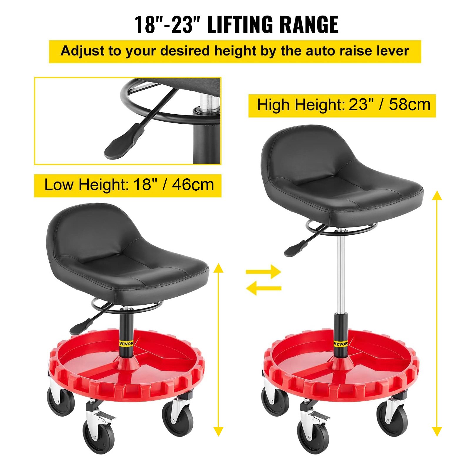 Shop Stool, 135 kg Rolling Garage Stool, 56 cm to 66 cm Adjustable Height Mobile Rolling Gear Seat, Round Tray Garage Pneumatic Stool, All-Terrain 12.7 cm Casters with Two Brakes Mechanic Seat - Image 3