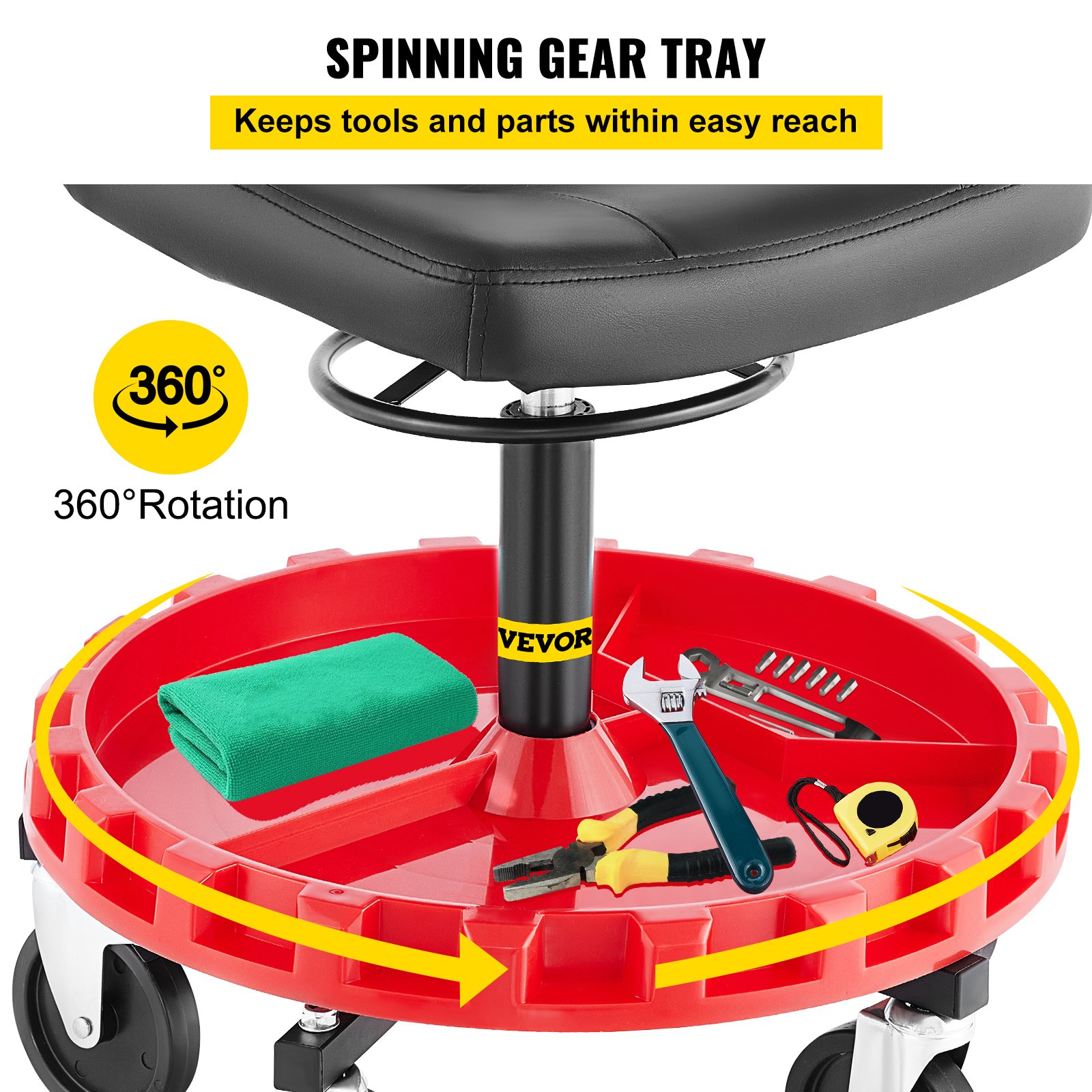 Shop Stool, 135 kg Rolling Garage Stool, 56 cm to 66 cm Adjustable Height Mobile Rolling Gear Seat, Round Tray Garage Pneumatic Stool, All-Terrain 12.7 cm Casters with Two Brakes Mechanic Seat - Image 4