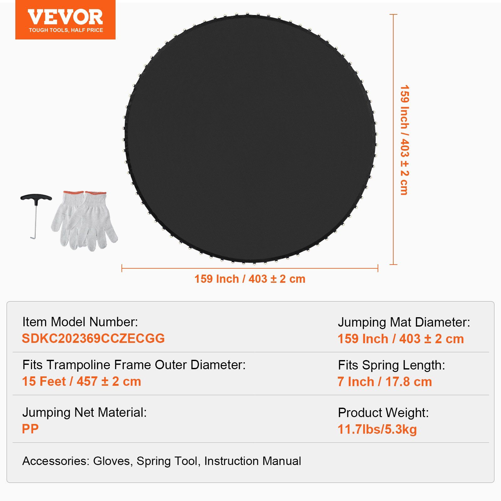 Replacement Trampoline Mat, Jumping Mat Fits 15ft Frame, Universal Jumping Mat for 15ft Round Trampoline, Reinforce UV-Resistant Mat with Spring Tool & Durable V-Rings, Fit 7
