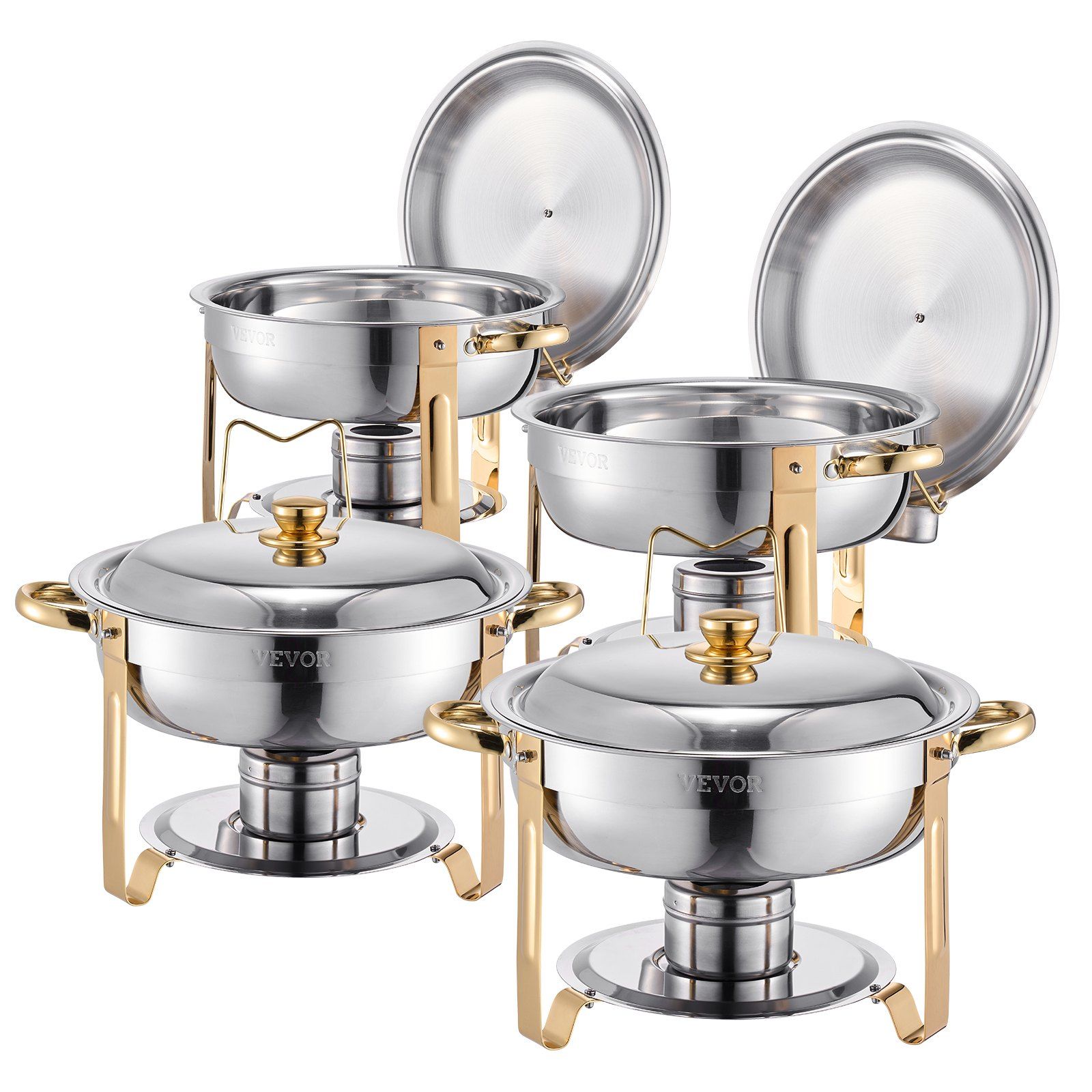 Chafing Dish Buffet Set, 5 Qt 4 Pack, Stainless Steel Chafer with 4 Full Size Pans, Round Catering Warmer Server with Lid Water Pan Folding Stand Clip, for Weddings Parties Banquets, Gold - Image 1
