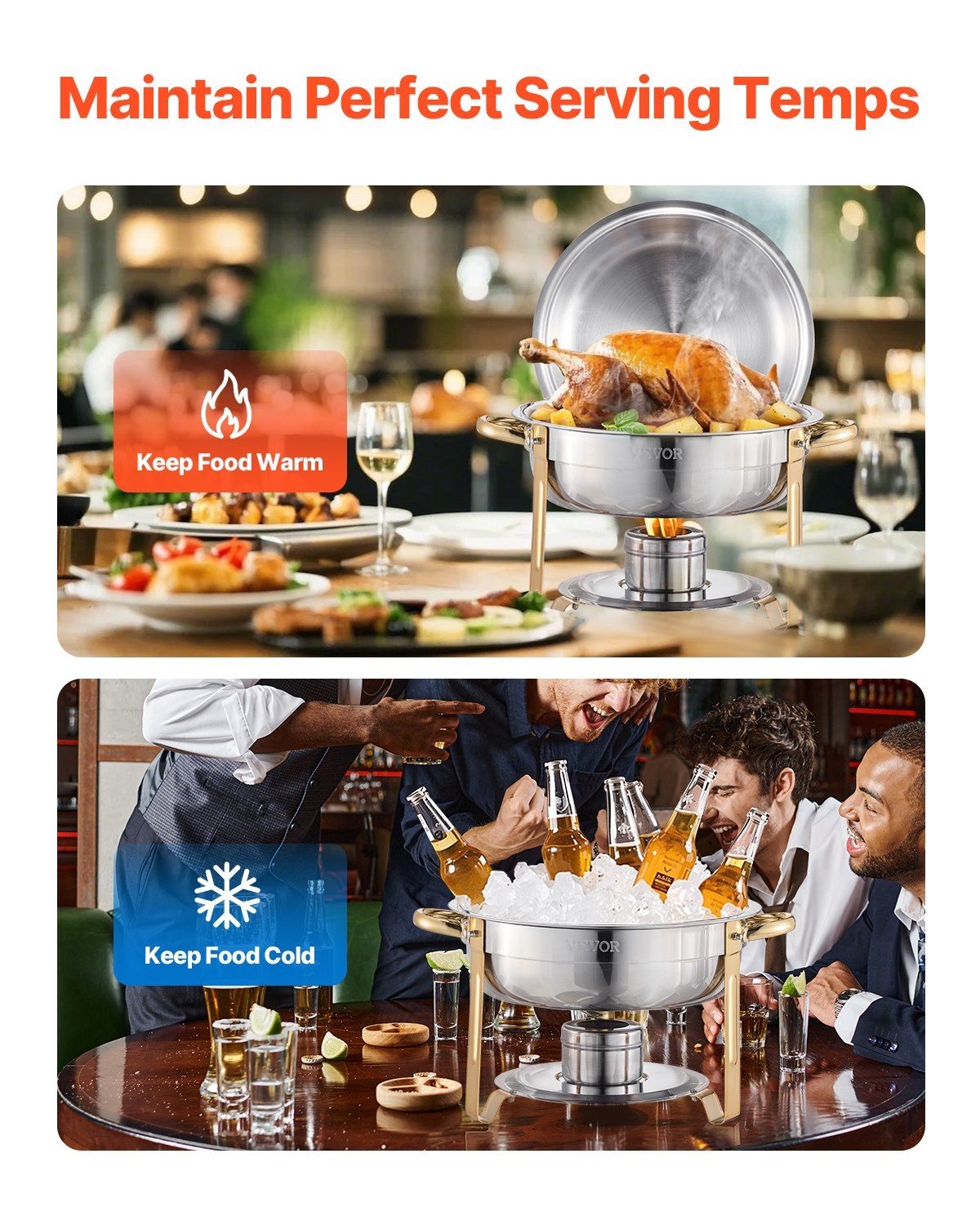 Chafing Dish Buffet Set, 5 Qt 4 Pack, Stainless Steel Chafer with 4 Full Size Pans, Round Catering Warmer Server with Lid Water Pan Folding Stand Clip, for Weddings Parties Banquets, Gold - Image 3