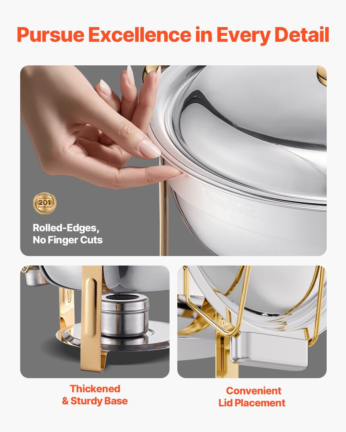 Chafing Dish Buffet Set, 5 Qt 4 Pack, Stainless Steel Chafer with 4 Full Size Pans, Round Catering Warmer Server with Lid Water Pan Folding Stand Clip, for Weddings Parties Banquets, Gold - Image 4