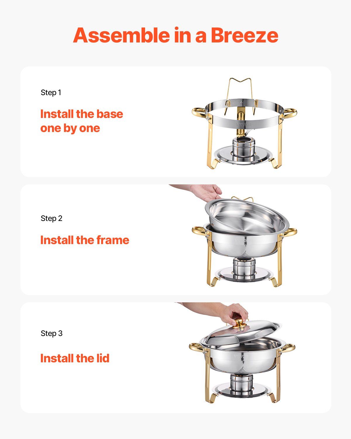 Chafing Dish Buffet Set, 5 Qt 4 Pack, Stainless Steel Chafer with 4 Full Size Pans, Round Catering Warmer Server with Lid Water Pan Folding Stand Clip, for Weddings Parties Banquets, Gold - Image 5