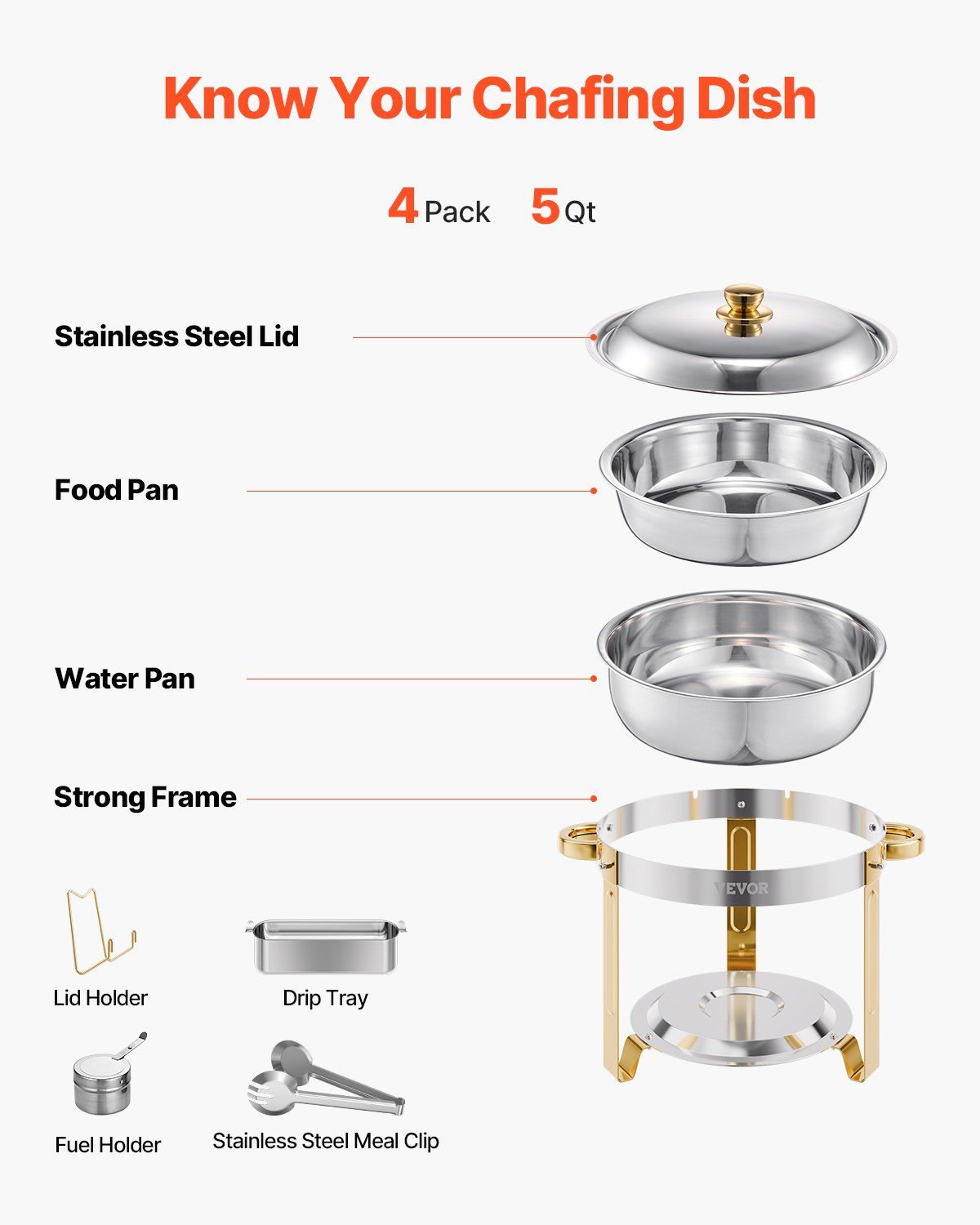 Chafing Dish Buffet Set, 5 Qt 4 Pack, Stainless Steel Chafer with 4 Full Size Pans, Round Catering Warmer Server with Lid Water Pan Folding Stand Clip, for Weddings Parties Banquets, Gold - Image 6