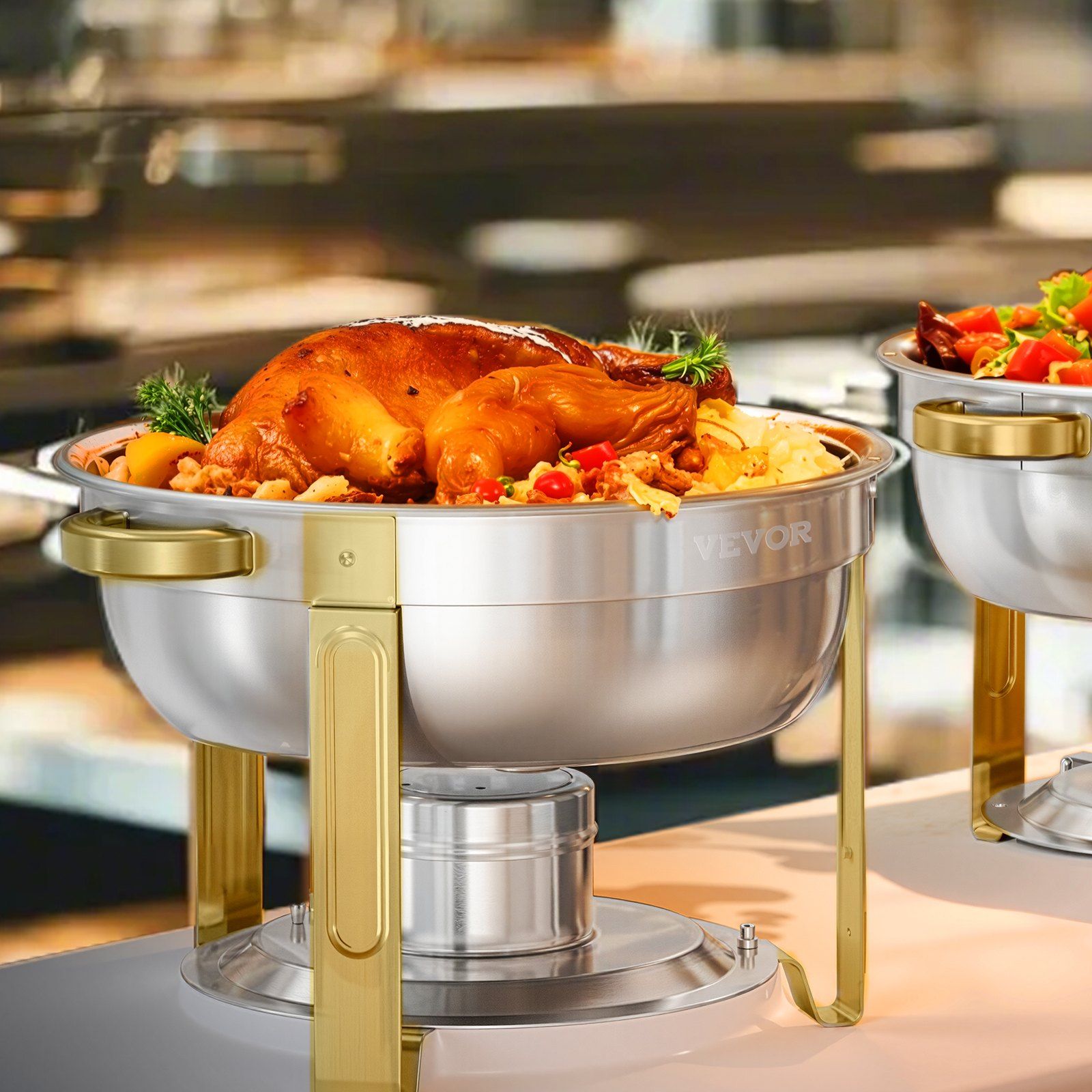 Chafing Dish Buffet Set, 5 Qt 4 Pack, Stainless Steel Chafer with 4 Full Size Pans, Round Catering Warmer Server with Lid Water Pan Folding Stand Clip, for Weddings Parties Banquets, Gold - Image 8