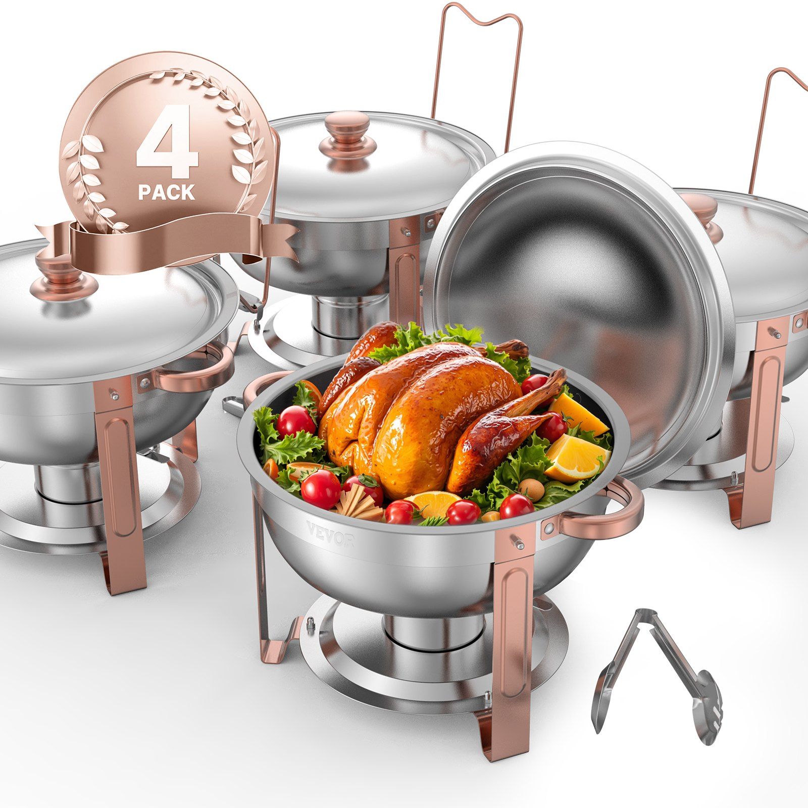 Chafing Dish Buffet Set, 5 Qt 4 Pack, Stainless Steel Chafer with 4 Full Size Pans, Round Catering Warmer Server with Lid Water Pan Folding Stand Clip, for Weddings Parties Banquets, Rose Gold - Image 1
