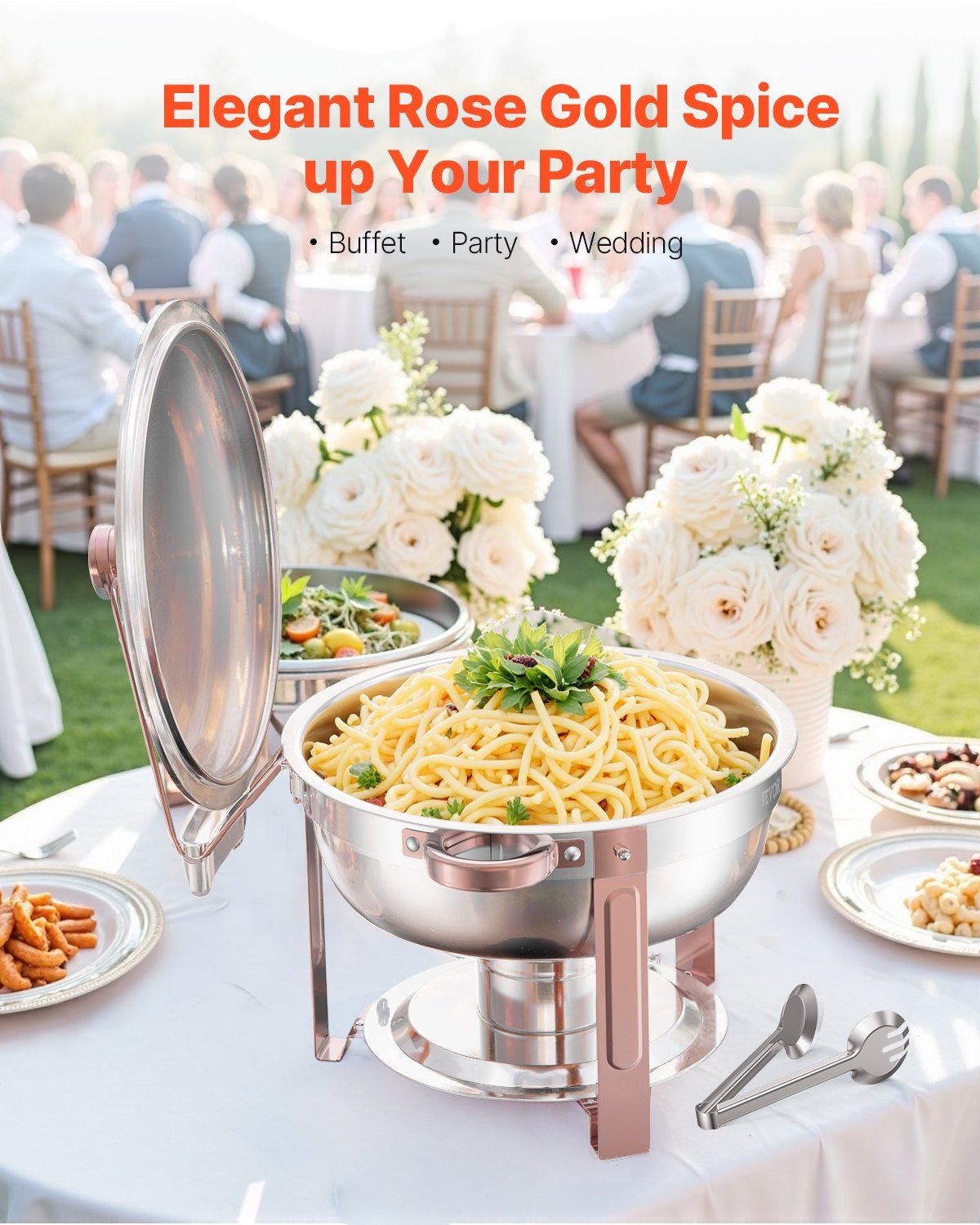 Chafing Dish Buffet Set, 5 Qt 4 Pack, Stainless Steel Chafer with 4 Full Size Pans, Round Catering Warmer Server with Lid Water Pan Folding Stand Clip, for Weddings Parties Banquets, Rose Gold - Image 2