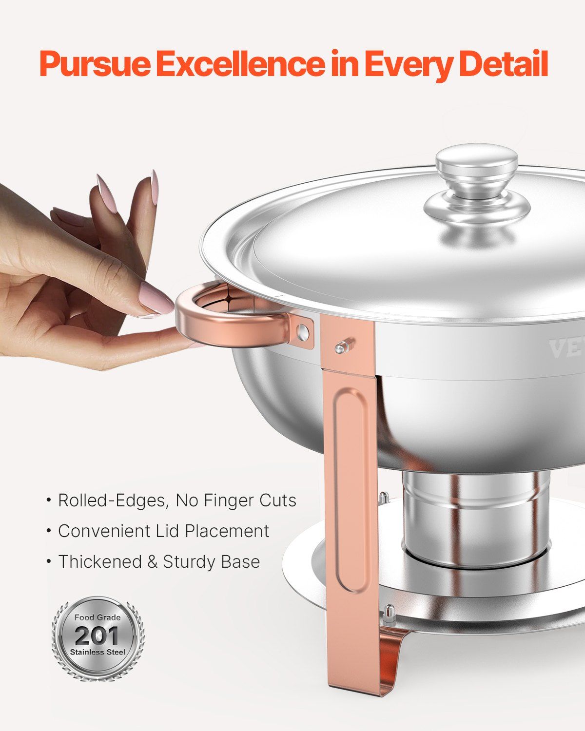 Chafing Dish Buffet Set, 5 Qt 4 Pack, Stainless Steel Chafer with 4 Full Size Pans, Round Catering Warmer Server with Lid Water Pan Folding Stand Clip, for Weddings Parties Banquets, Rose Gold - Image 4