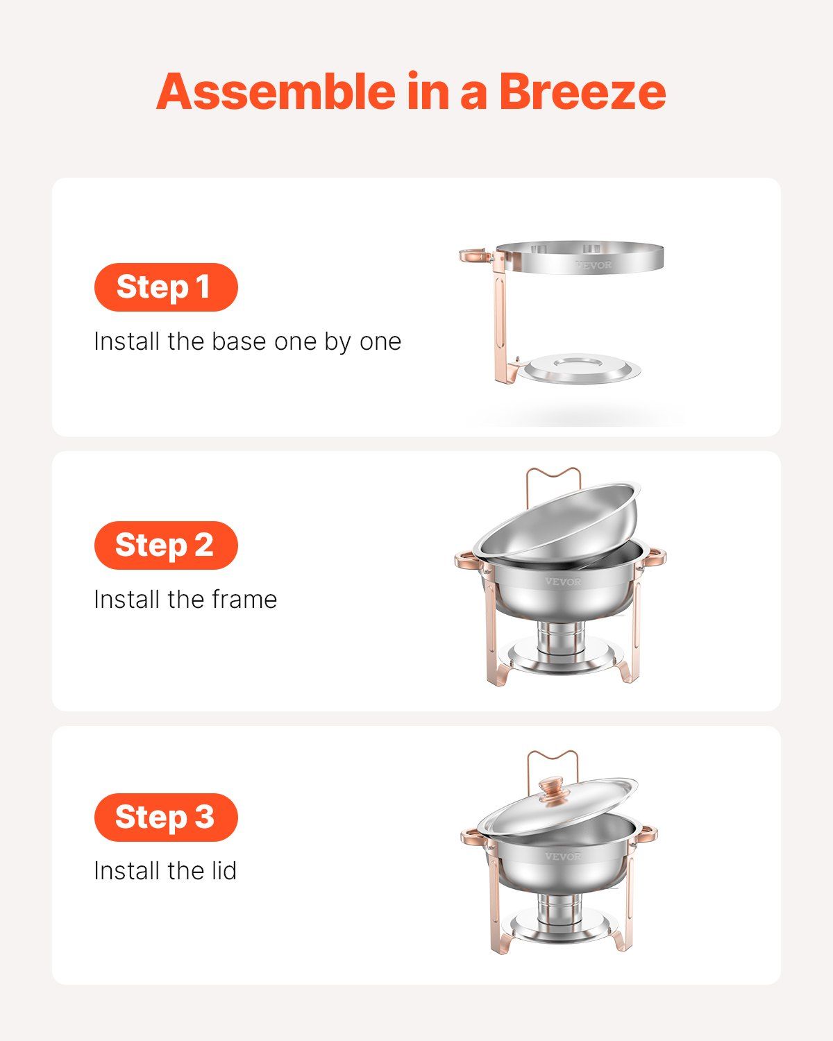 Chafing Dish Buffet Set, 5 Qt 4 Pack, Stainless Steel Chafer with 4 Full Size Pans, Round Catering Warmer Server with Lid Water Pan Folding Stand Clip, for Weddings Parties Banquets, Rose Gold - Image 5