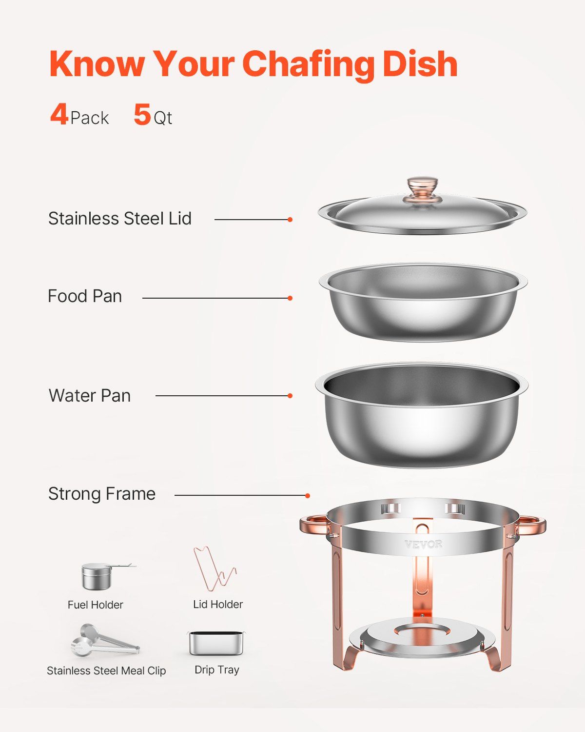 Chafing Dish Buffet Set, 5 Qt 4 Pack, Stainless Steel Chafer with 4 Full Size Pans, Round Catering Warmer Server with Lid Water Pan Folding Stand Clip, for Weddings Parties Banquets, Rose Gold - Image 6