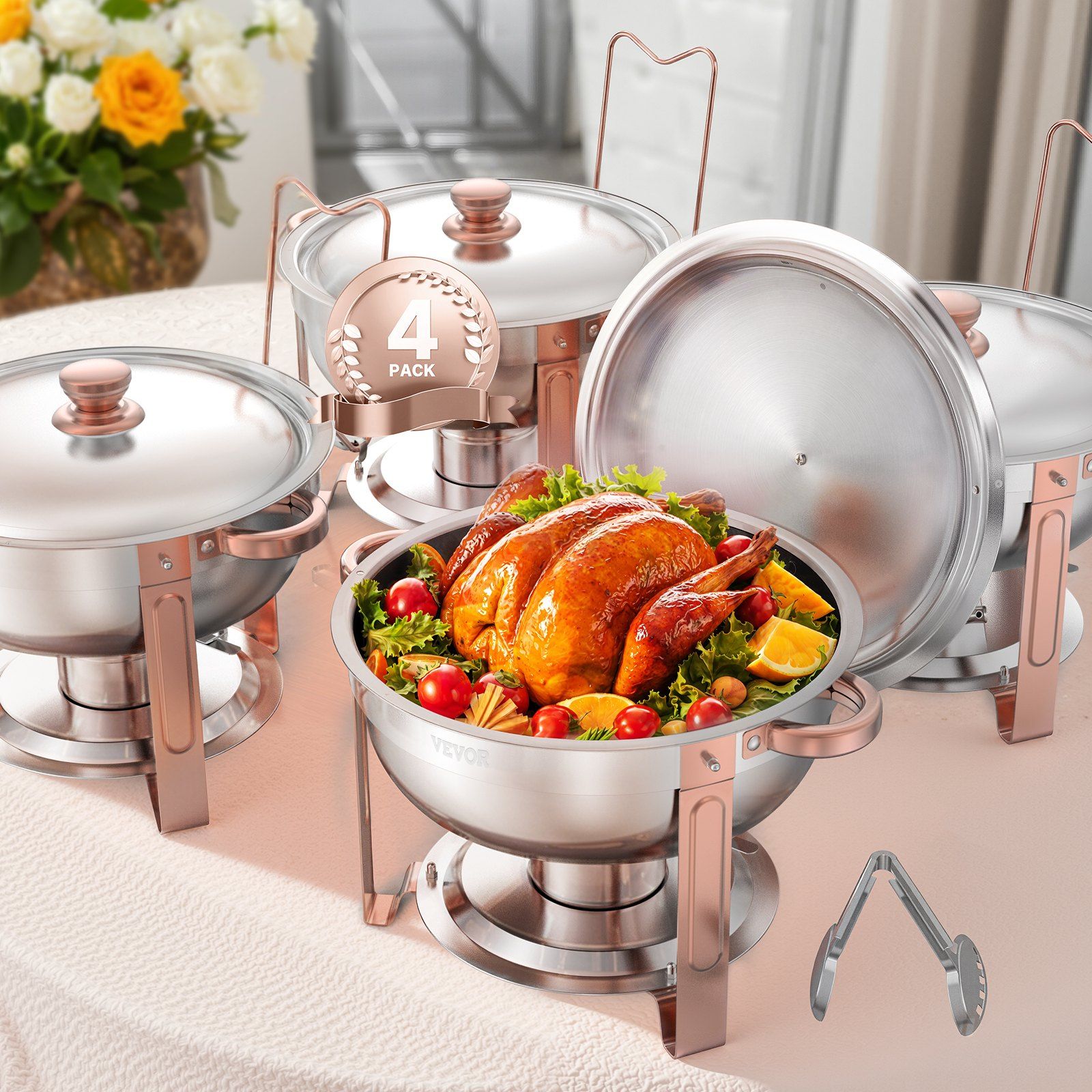 Chafing Dish Buffet Set, 5 Qt 4 Pack, Stainless Steel Chafer with 4 Full Size Pans, Round Catering Warmer Server with Lid Water Pan Folding Stand Clip, for Weddings Parties Banquets, Rose Gold - Image 8