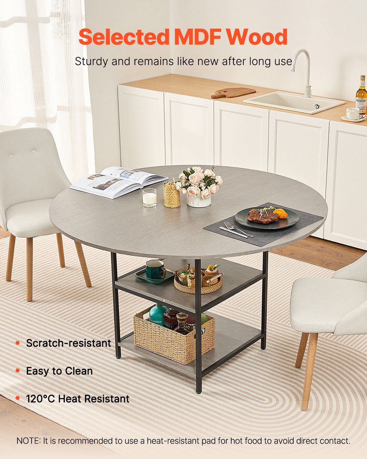 Round Dining Table, 47 inch Wood Table for 4-6 Person, Modern Circle Dinner Furniture, Leisure Tables with Storage Shelf and Metal Legs, for Home Kitchen Living Room, Grey (Only Table) - Image 2