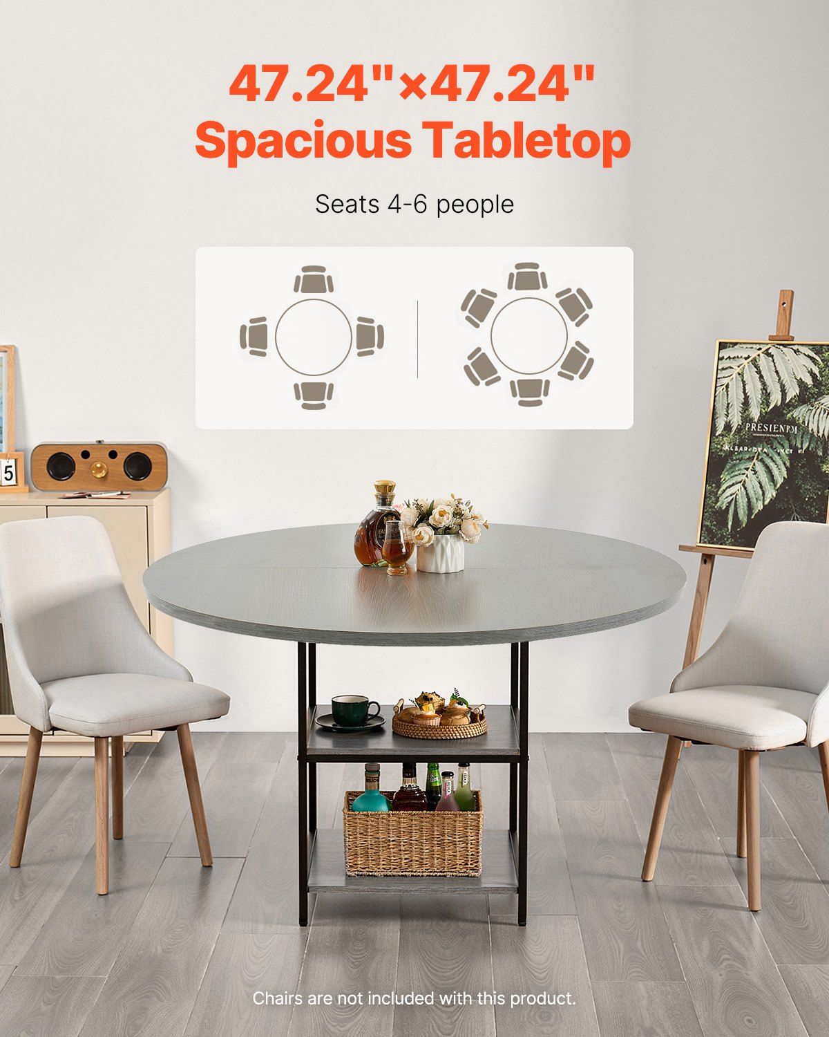 Round Dining Table, 47 inch Wood Table for 4-6 Person, Modern Circle Dinner Furniture, Leisure Tables with Storage Shelf and Metal Legs, for Home Kitchen Living Room, Grey (Only Table) - Image 4