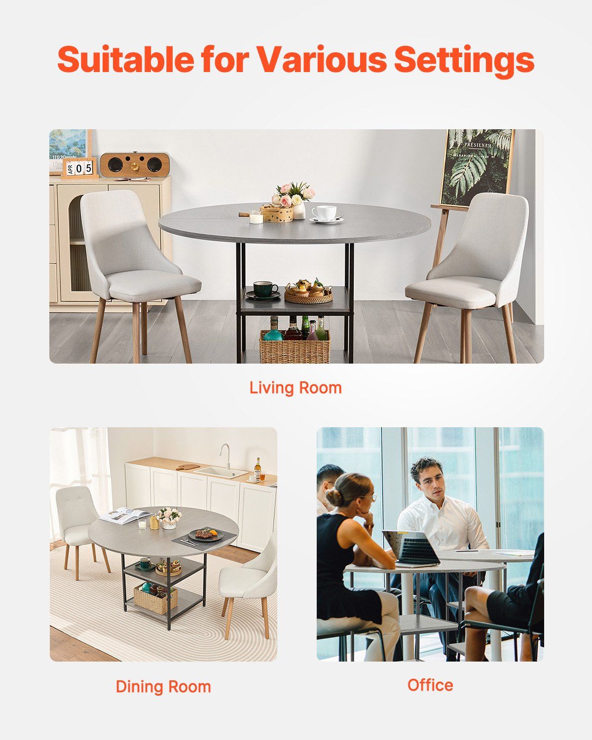 Round Dining Table, 47 inch Wood Table for 4-6 Person, Modern Circle Dinner Furniture, Leisure Tables with Storage Shelf and Metal Legs, for Home Kitchen Living Room, Grey (Only Table) - Image 6