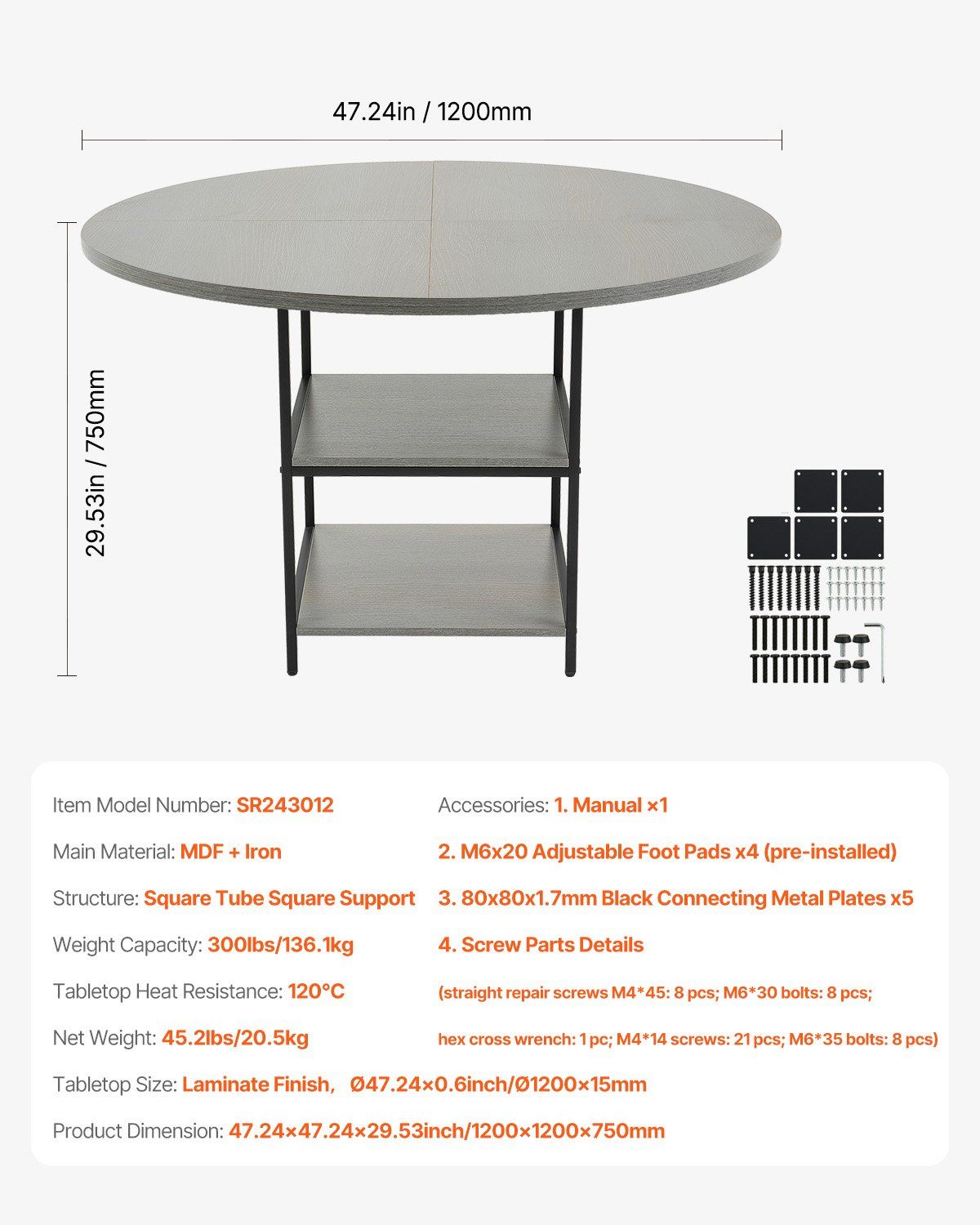 Round Dining Table, 47 inch Wood Table for 4-6 Person, Modern Circle Dinner Furniture, Leisure Tables with Storage Shelf and Metal Legs, for Home Kitchen Living Room, Grey (Only Table) - Image 7