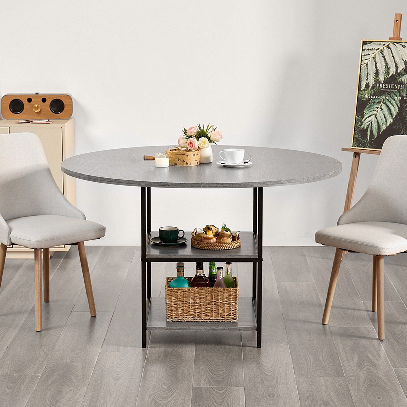 Round Dining Table, 47 inch Wood Table for 4-6 Person, Modern Circle Dinner Furniture, Leisure Tables with Storage Shelf and Metal Legs, for Home Kitchen Living Room, Grey (Only Table) - Image 8