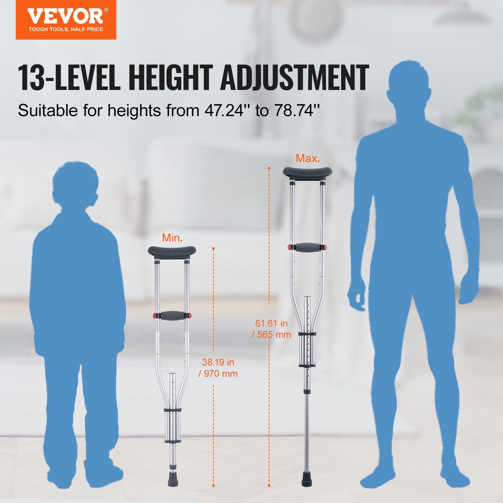 Underarm Crutches, 13-Level Height Adjustable Underarm Walking Crutches, Lightweight Aluminum Crutches for Adults Teenager - with Soft Underarm Pad for Leg Injury Surgery Disabled, 1 Pair 300LBS - Image 2