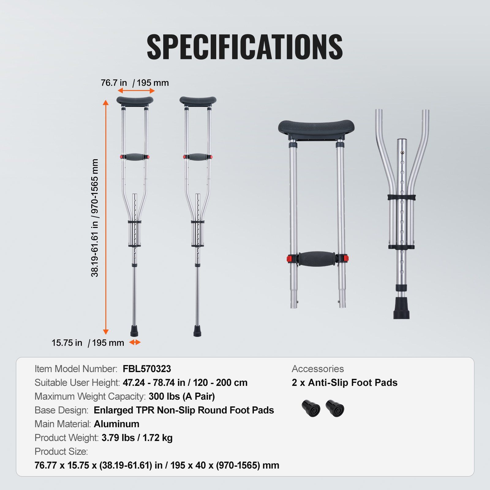 Underarm Crutches, 13-Level Height Adjustable Underarm Walking Crutches, Lightweight Aluminum Crutches for Adults Teenager - with Soft Underarm Pad for Leg Injury Surgery Disabled, 1 Pair 300LBS - Image 7