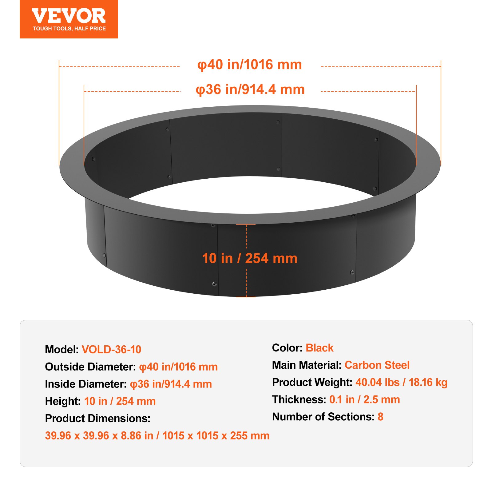 Fire Pit Ring, 40-Inch Outer/36-Inch Inner Diameter, 10inch Height 2.5mm Thick Fire Pit Insert, Heavy Duty Carbon Steel Liner DIY Campfire Ring above or In-Ground, for Outdoor Camping, Bonfires - Image 7