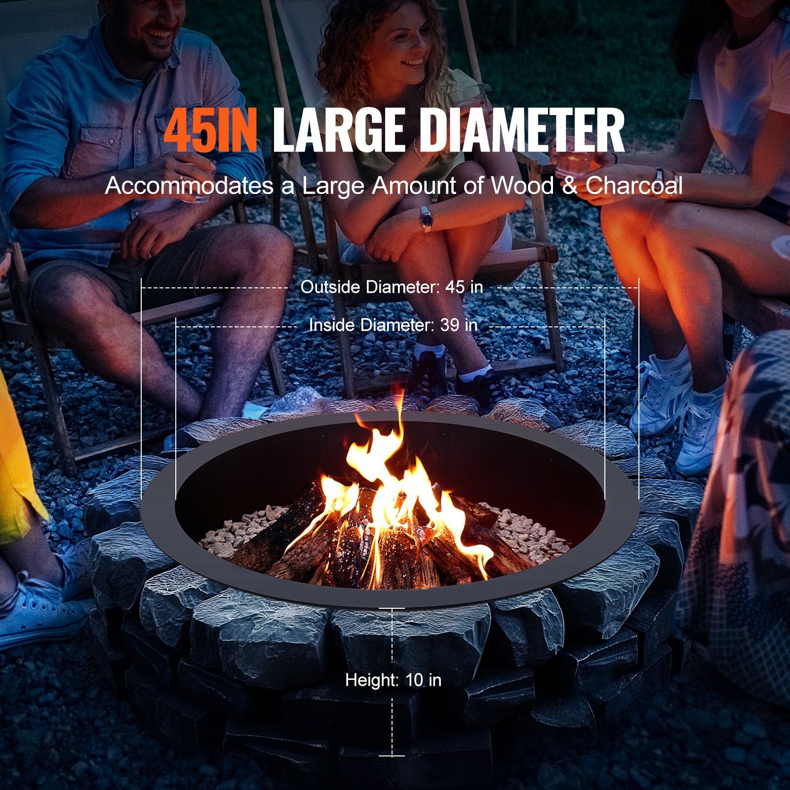 Fire Pit Ring, 44-Inch Outer/39-Inch Inner Diameter, 10inch Height 2.5mm Thick Fire Pit Insert, Heavy Duty Carbon Steel Liner DIY Campfire Ring above or In-Ground, for Outdoor Camping, Bonfires - Image 3