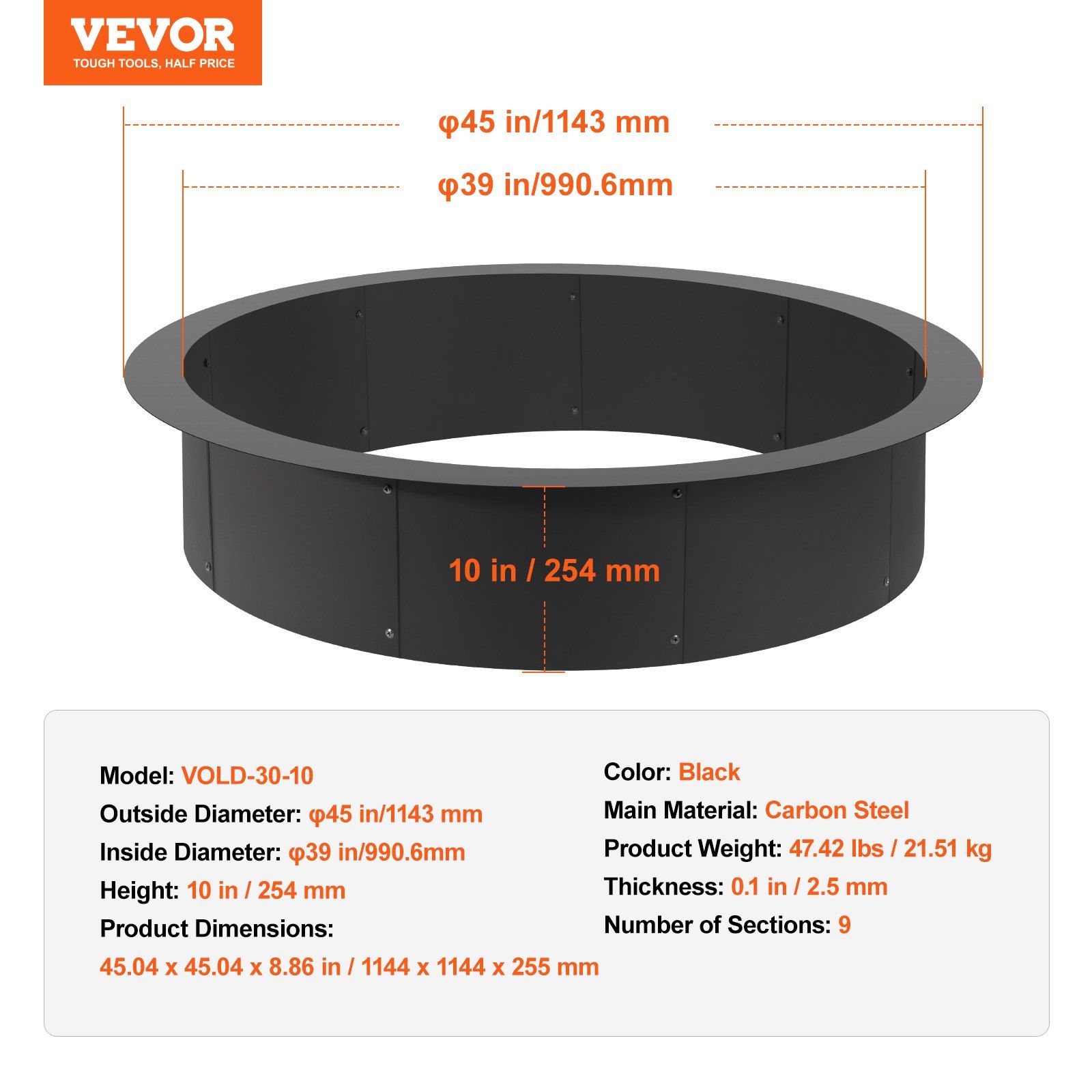 Fire Pit Ring, 44-Inch Outer/39-Inch Inner Diameter, 10inch Height 2.5mm Thick Fire Pit Insert, Heavy Duty Carbon Steel Liner DIY Campfire Ring above or In-Ground, for Outdoor Camping, Bonfires - Image 7